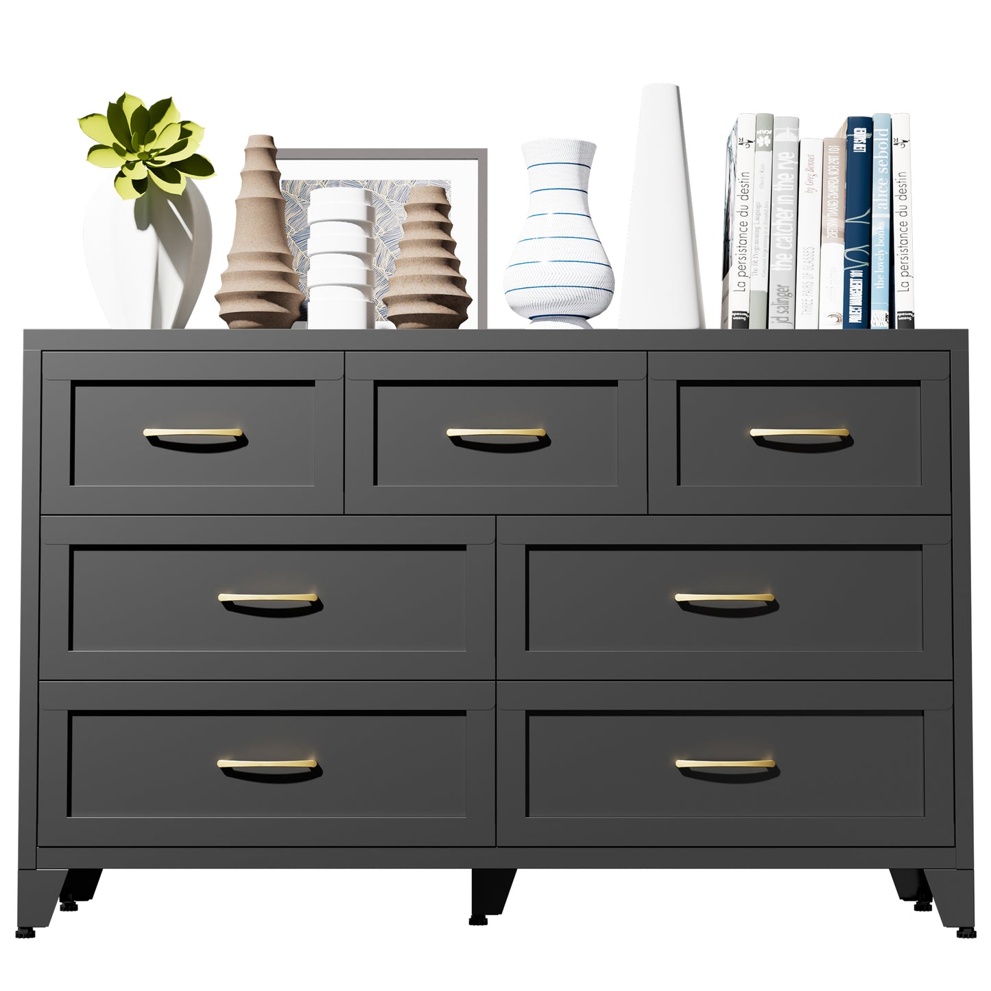 VIYET 7-Drawer Black Dresser, Wide Low-Profile Bedroom Storage Chest with Smooth-Glide Drawers