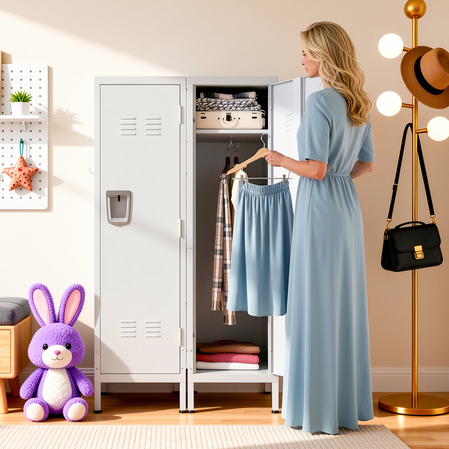 VIYET 55" White Metal Wardrobe Cabinet, Narrow Steel Clothing Storage with Lock & Ventilated Door, Side Hooks, Freestanding Closet for Bedroom & Small Apartment