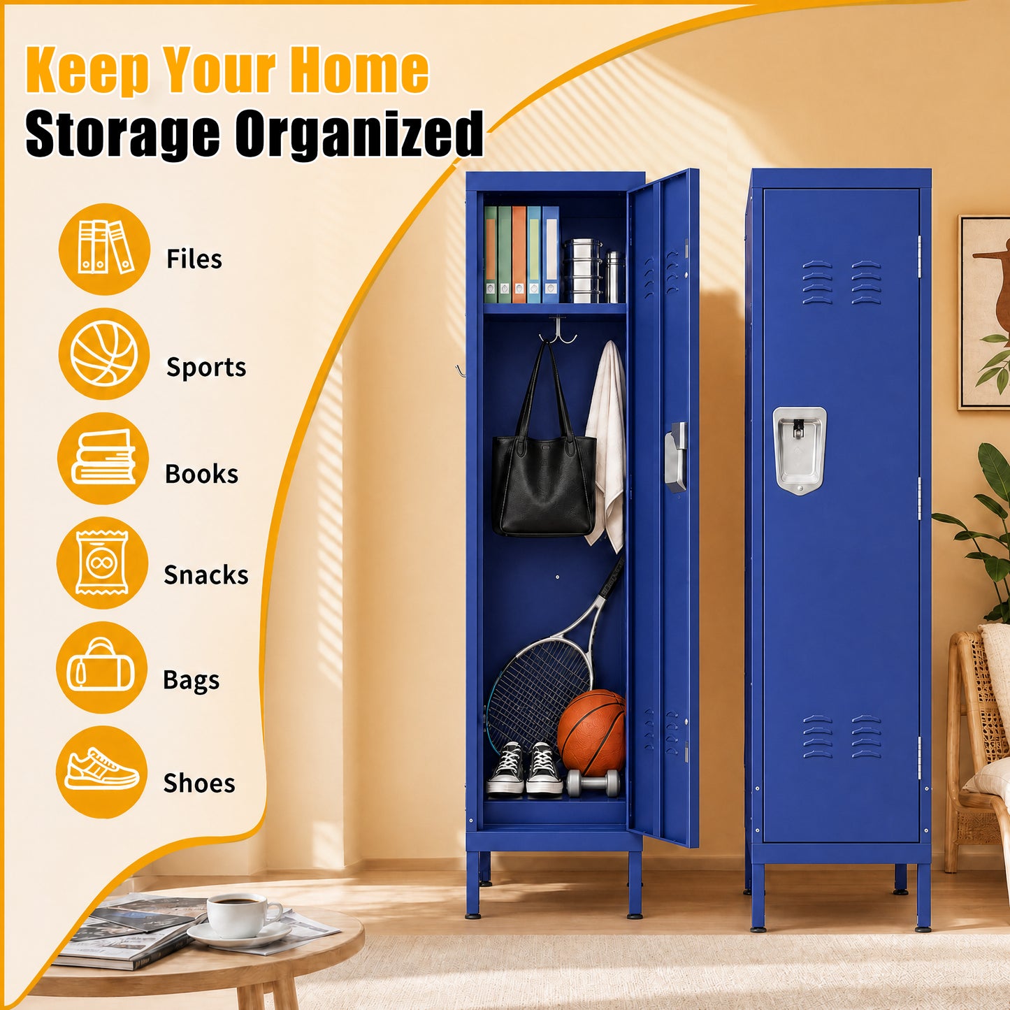 VIYET 55" Blue Metal Wardrobe Cabinet, Slim Steel Clothing Storage Locker with Lock, Ventilated Door, Side Hooks & Anti-Tip Design for Bedroom & Home Office