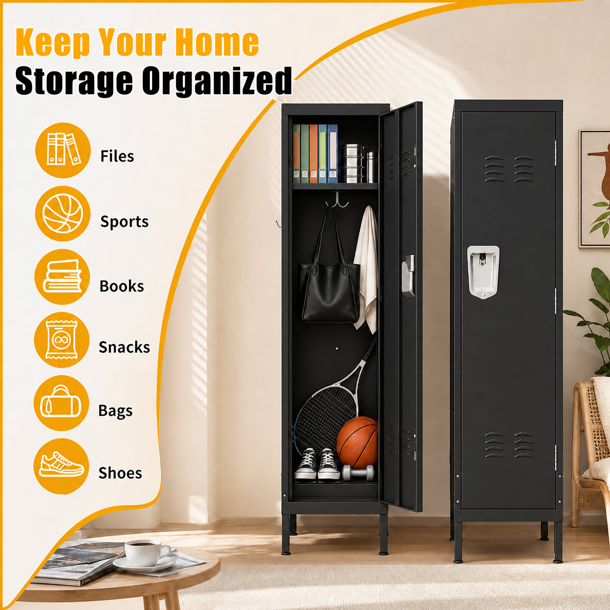 VIYET 55" Metal Wardrobe Cabinet, Narrow Steel Clothing Storage with Lock, Ventilated Door & Side Hooks, Bedroom Closet for Small Spaces, Black