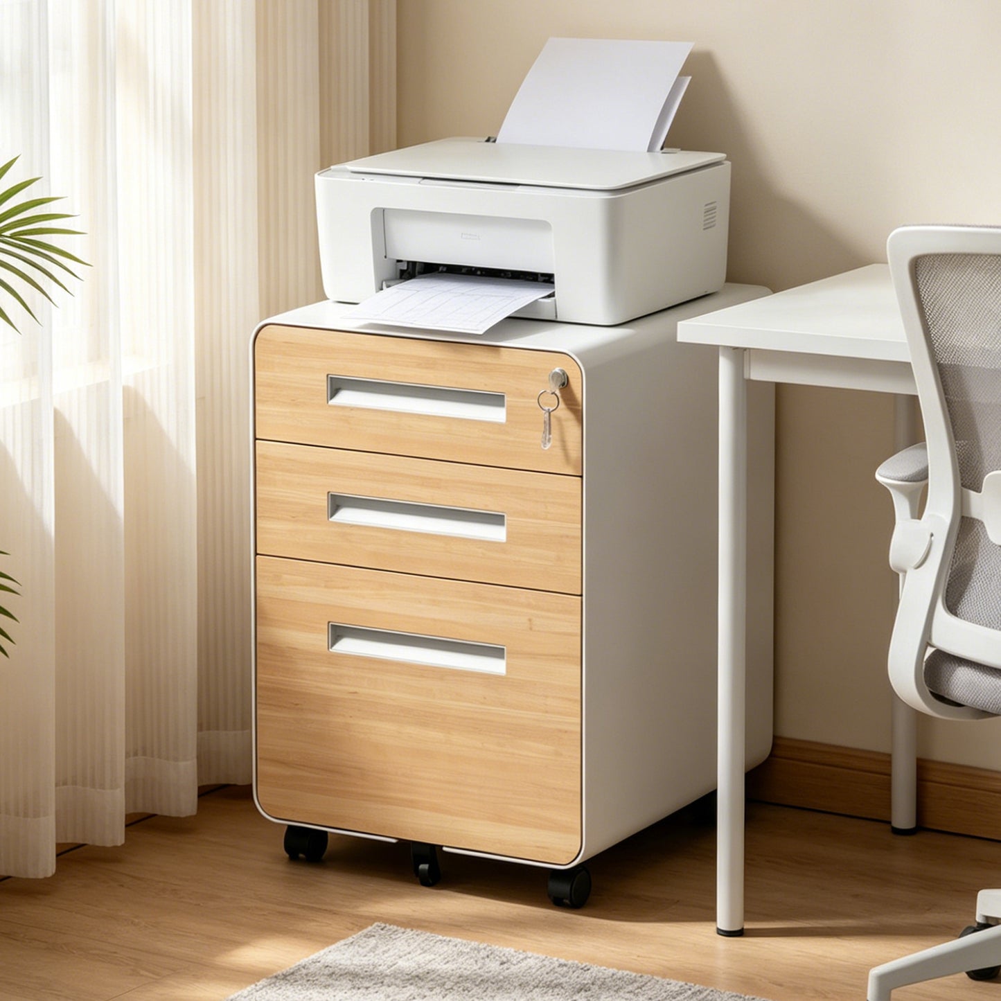 VIYET 3 Drawer Mobile File Cabinet with Lock, Wood Grain Metal Rolling Filing Cabinet on Wheels, Steel Office Storage Cabinet for Letter Legal Files