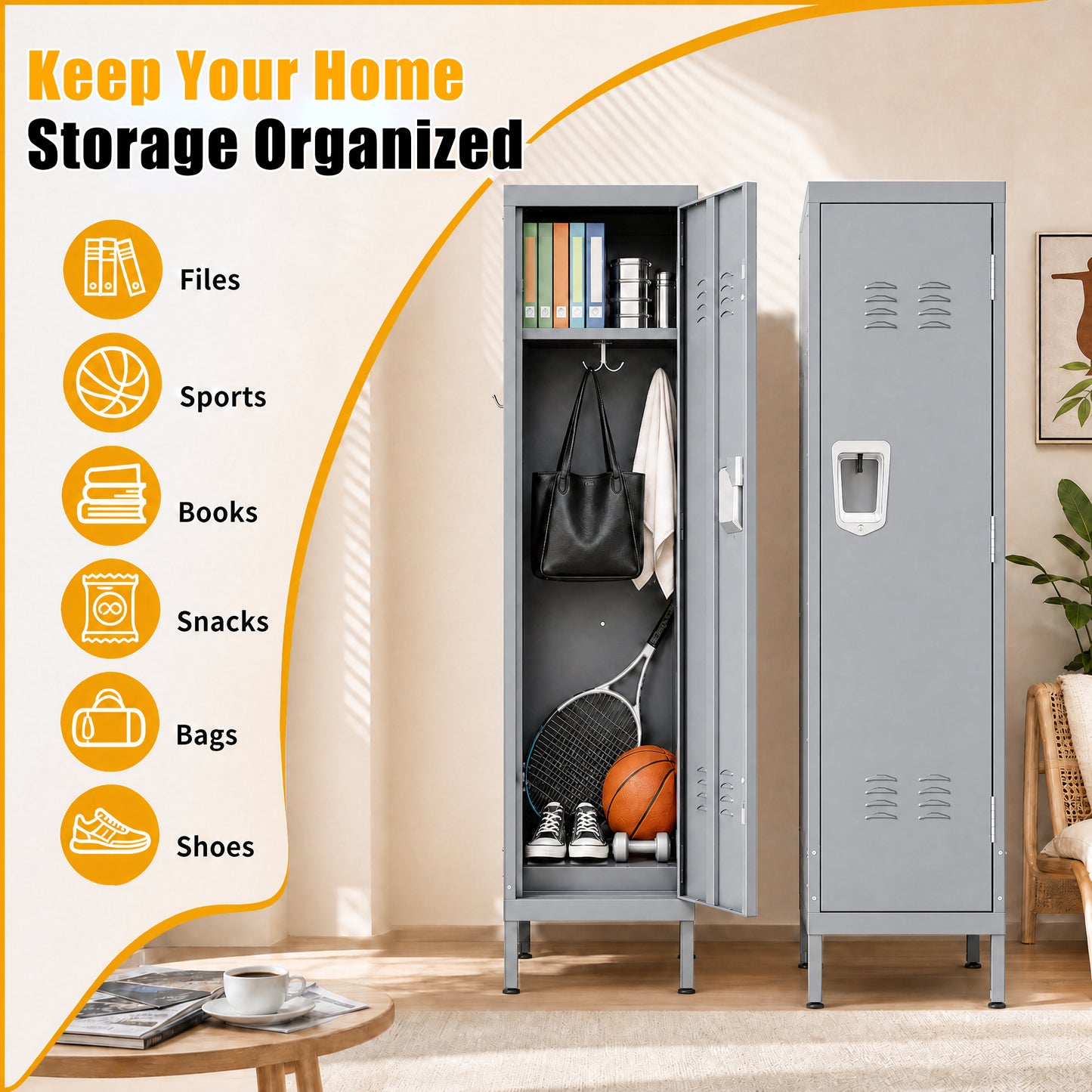 VIYET 55" Steel Wardrobe Cabinet with Lock, Slim Metal Clothing Storage Locker with Ventilated Door, Side Hooks & Anti-Tip Kit for Bedroom, Gray