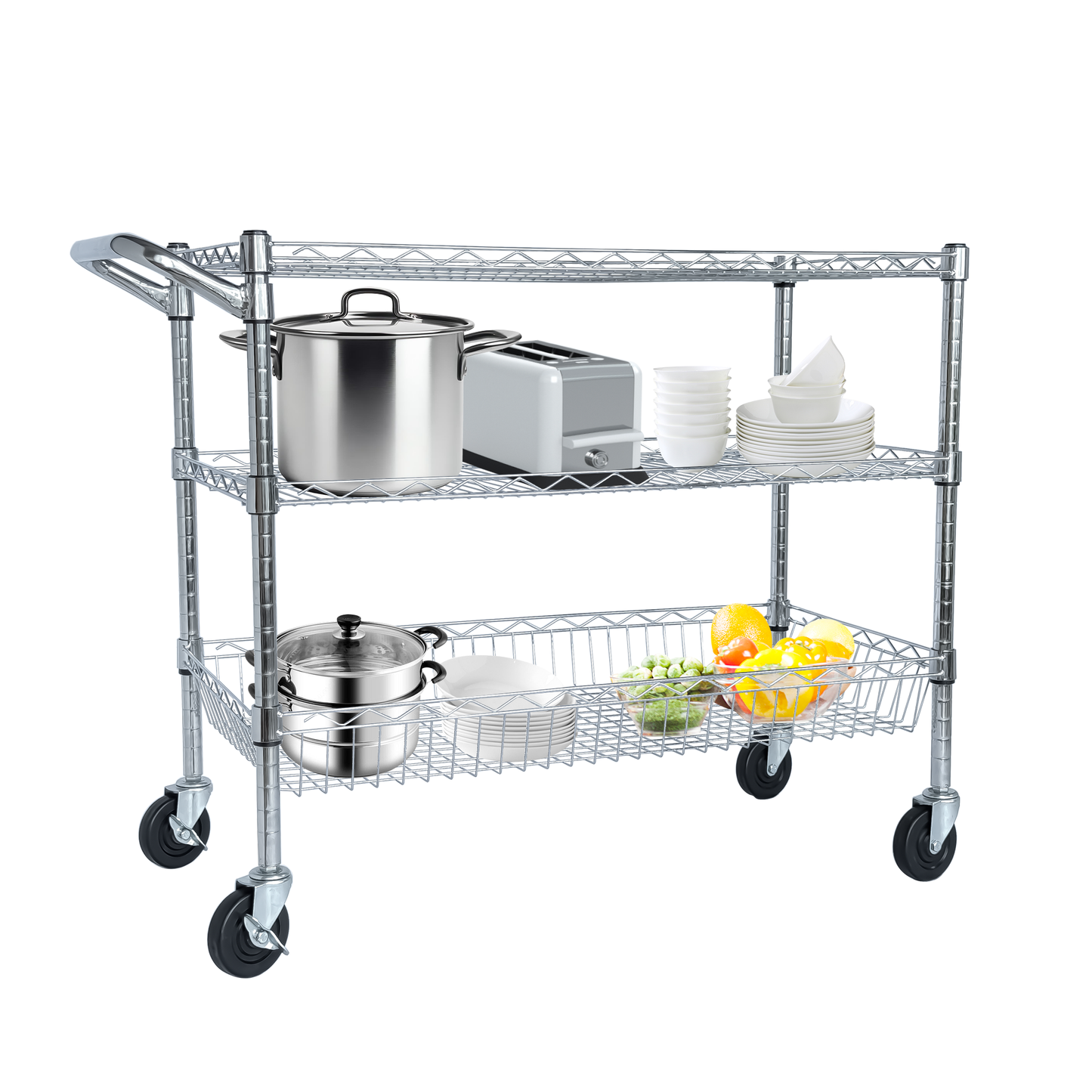 VIYET 32"H Heavy Duty 3 Tier Rolling Utility Cart, 600LBS Capacity Chrome Cart with Handle, Shelf Liners & Locking Wheels