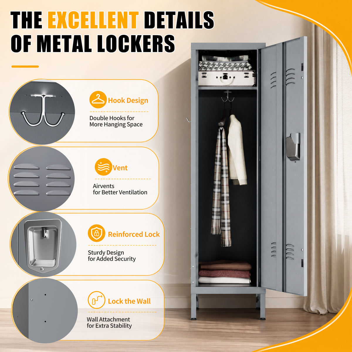 VIYET 55" Steel Wardrobe Cabinet with Lock, Slim Metal Clothing Storage Locker with Ventilated Door, Side Hooks & Anti-Tip Kit for Bedroom, Gray