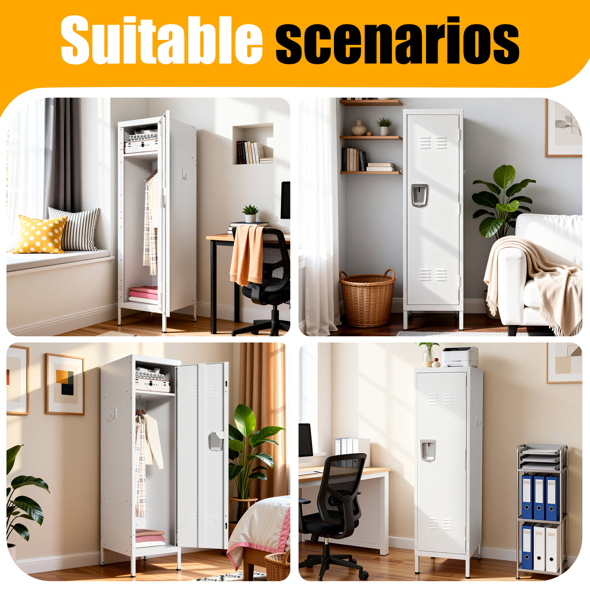 VIYET 55" White Metal Wardrobe Cabinet, Narrow Steel Clothing Storage with Lock & Ventilated Door, Side Hooks, Freestanding Closet for Bedroom & Small Apartment