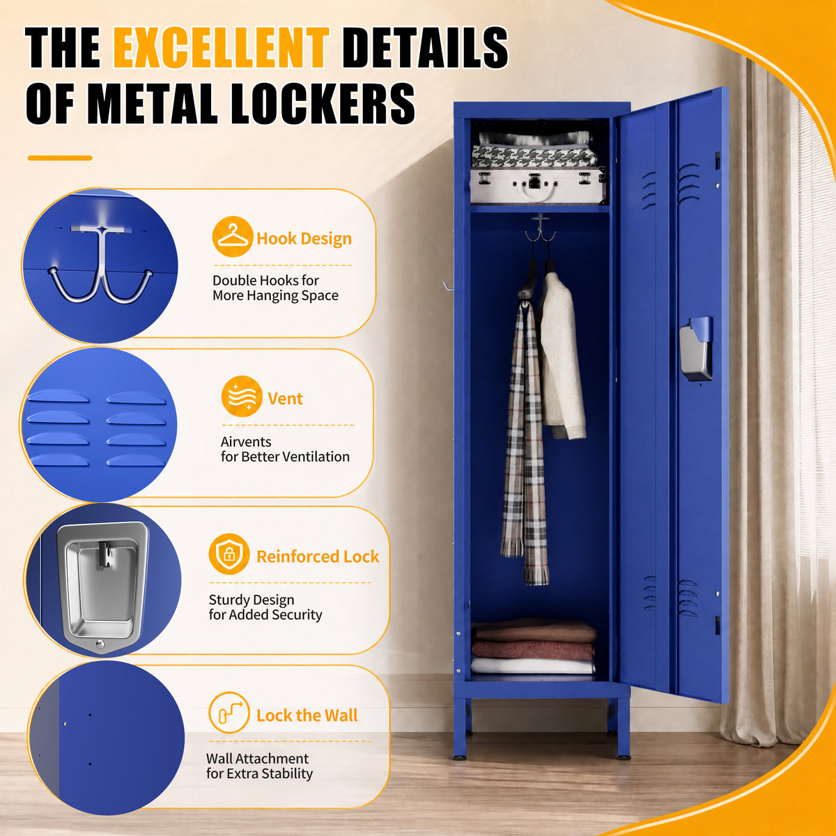 VIYET 55" Blue Metal Wardrobe Cabinet, Slim Steel Clothing Storage Locker with Lock, Ventilated Door, Side Hooks & Anti-Tip Design for Bedroom & Home Office