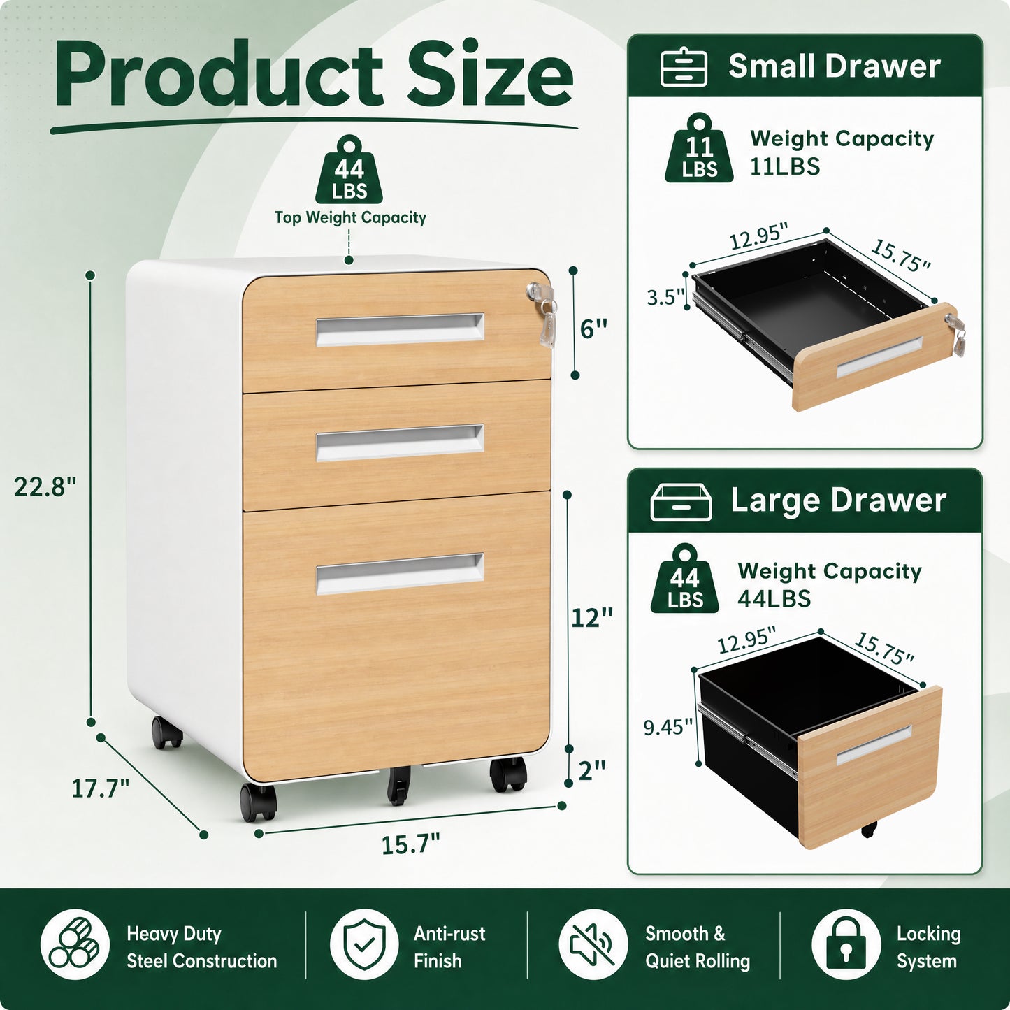 VIYET 3 Drawer Mobile File Cabinet with Lock, Wood Grain Metal Rolling Filing Cabinet on Wheels, Steel Office Storage Cabinet for Letter Legal Files
