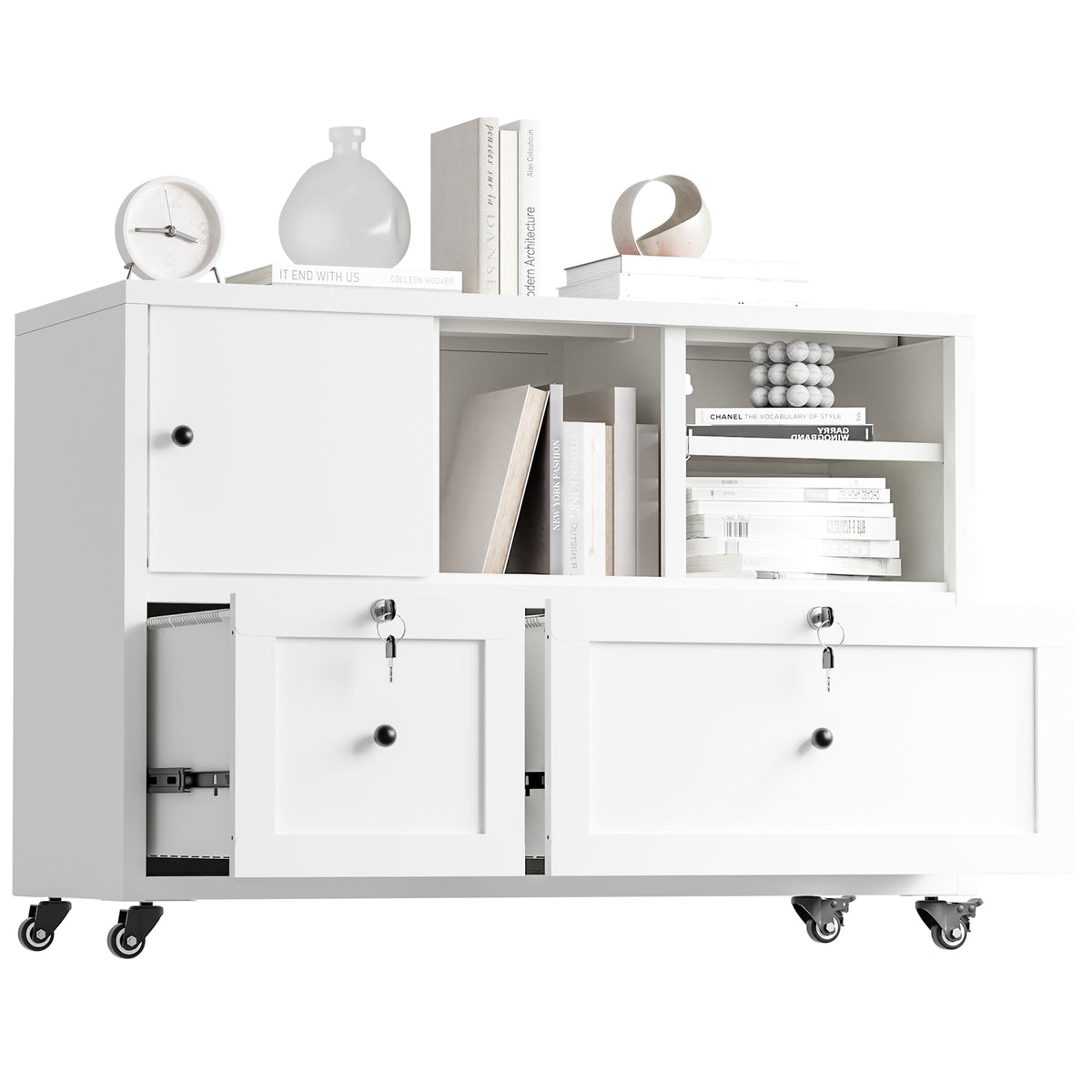 VIYET 28" White Metal 2-Drawer Lateral File Cabinet with Lock and Wheels, Rolling Office Storage for Letter, Legal & A4 Files