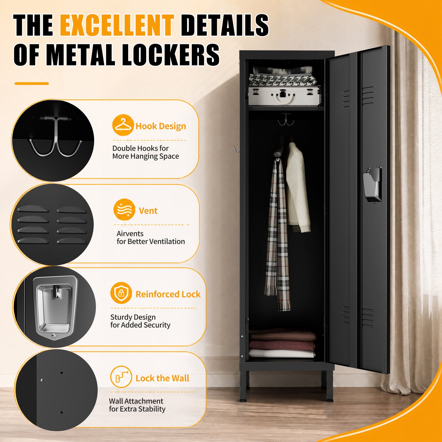 VIYET 55" Metal Wardrobe Cabinet, Narrow Steel Clothing Storage with Lock, Ventilated Door & Side Hooks, Bedroom Closet for Small Spaces, Black