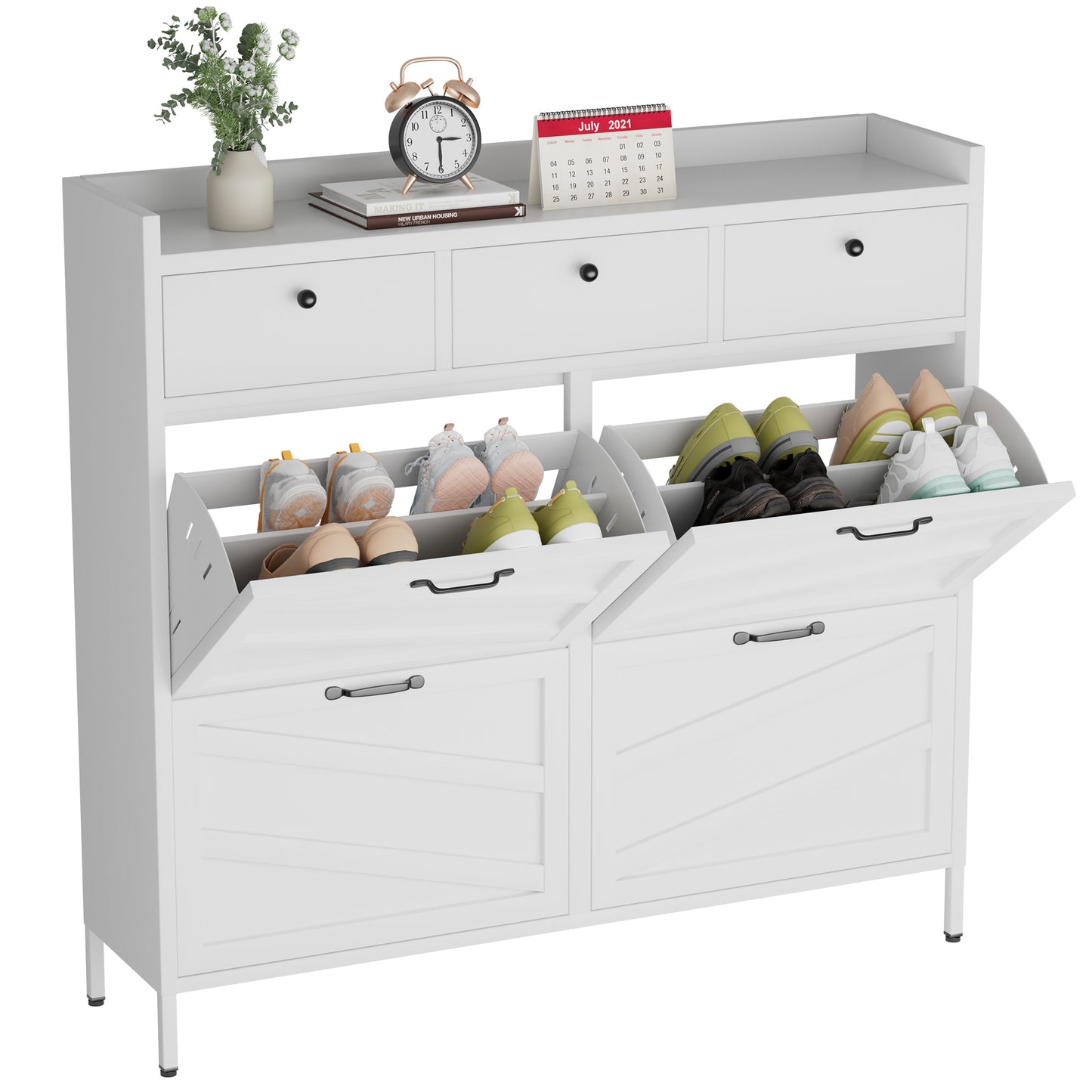 VIYET 43" Slim Metal Shoe Cabinet, White Steel Organizer w/ 4 Flip & 3 Drawers (Anti-Tip Hidden Entryway Storage)