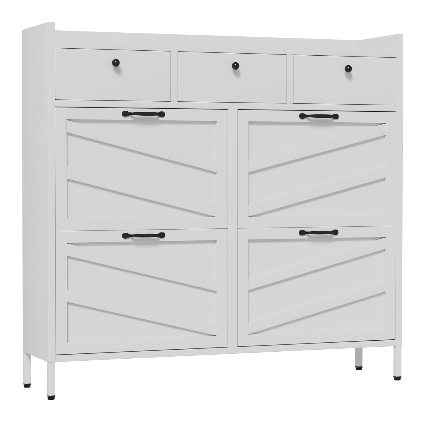 VIYET 43" Slim Metal Shoe Cabinet, White Steel Organizer w/ 4 Flip & 3 Drawers (Anti-Tip Hidden Entryway Storage)