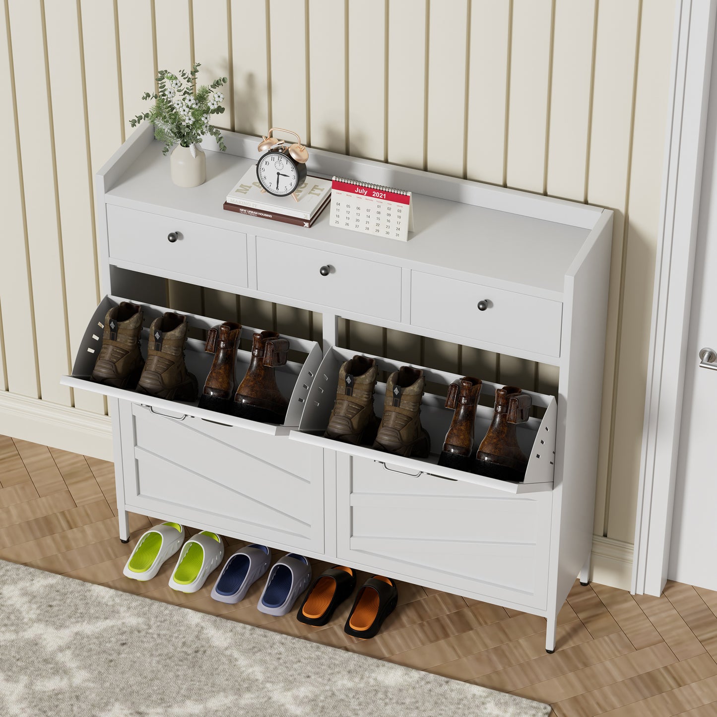 VIYET 43" Slim Metal Shoe Cabinet, White Steel Organizer w/ 4 Flip & 3 Drawers (Anti-Tip Hidden Entryway Storage)