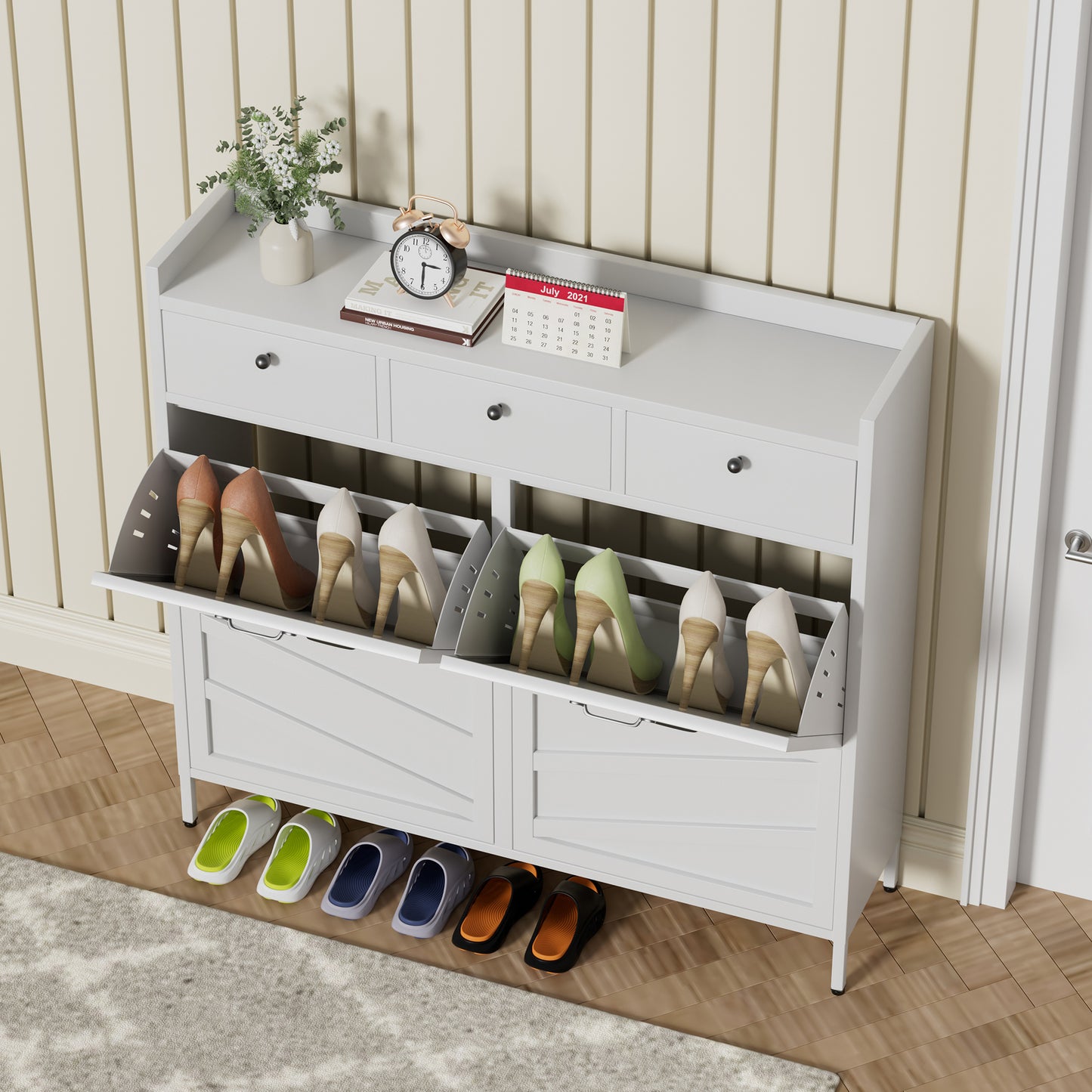 VIYET 43" Slim Metal Shoe Cabinet, White Steel Organizer w/ 4 Flip & 3 Drawers (Anti-Tip Hidden Entryway Storage)