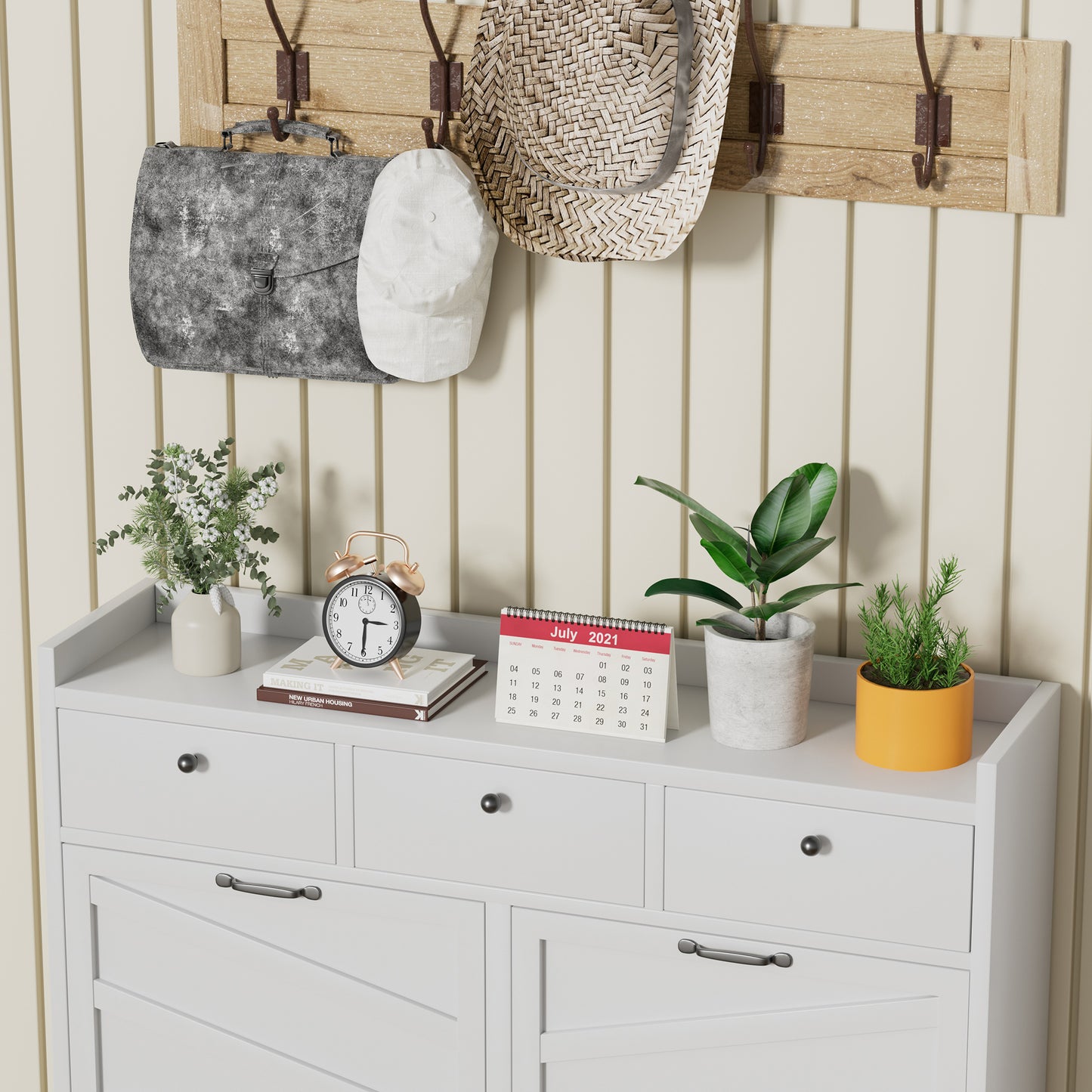 VIYET 43" Slim Metal Shoe Cabinet, White Steel Organizer w/ 4 Flip & 3 Drawers (Anti-Tip Hidden Entryway Storage)
