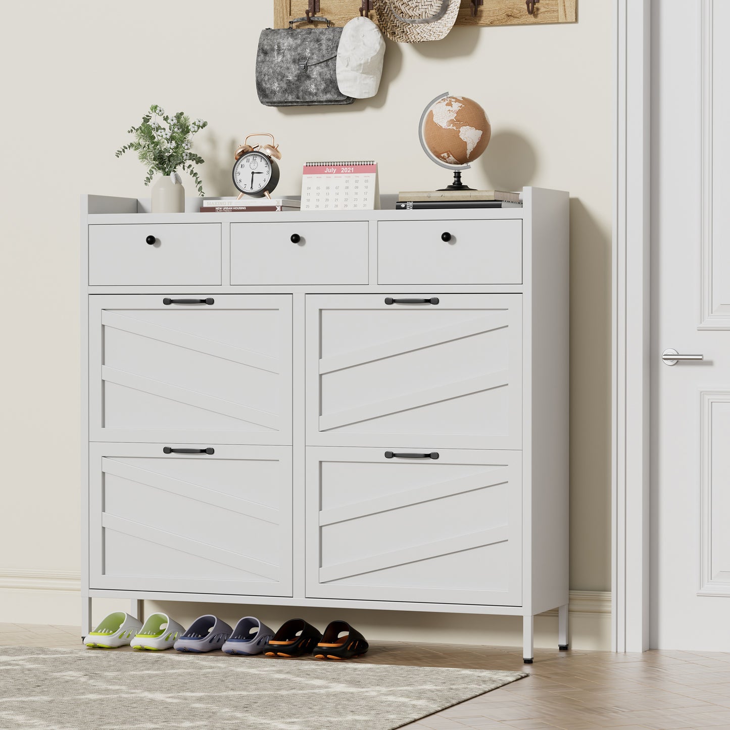 VIYET 43" Slim Metal Shoe Cabinet, White Steel Organizer w/ 4 Flip & 3 Drawers (Anti-Tip Hidden Entryway Storage)