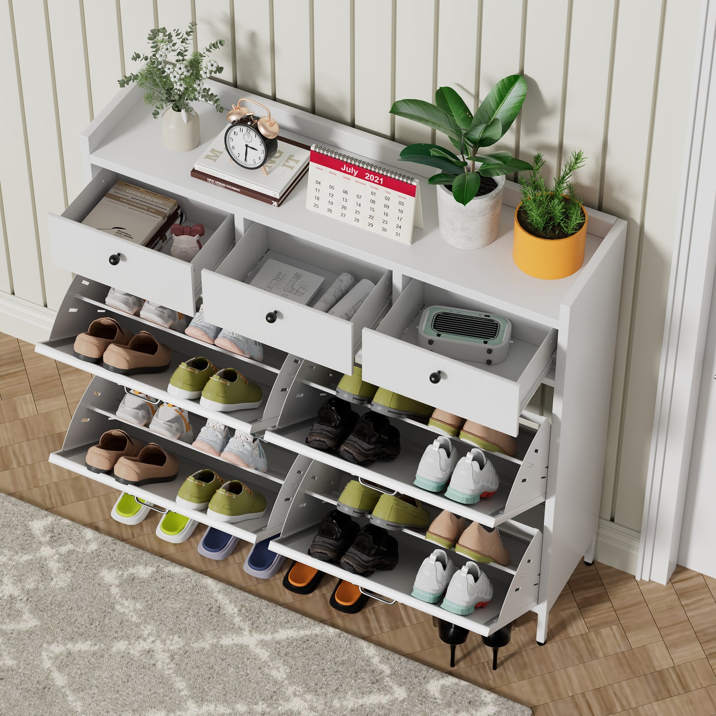 VIYET 43" Slim Metal Shoe Cabinet, White Steel Organizer w/ 4 Flip & 3 Drawers (Anti-Tip Hidden Entryway Storage)