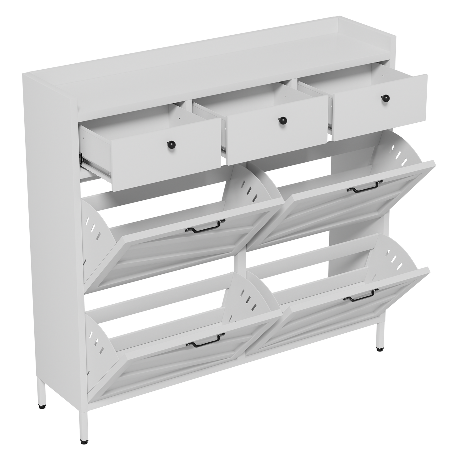 VIYET 43" Slim Metal Shoe Cabinet, White Steel Organizer w/ 4 Flip & 3 Drawers (Anti-Tip Hidden Entryway Storage)