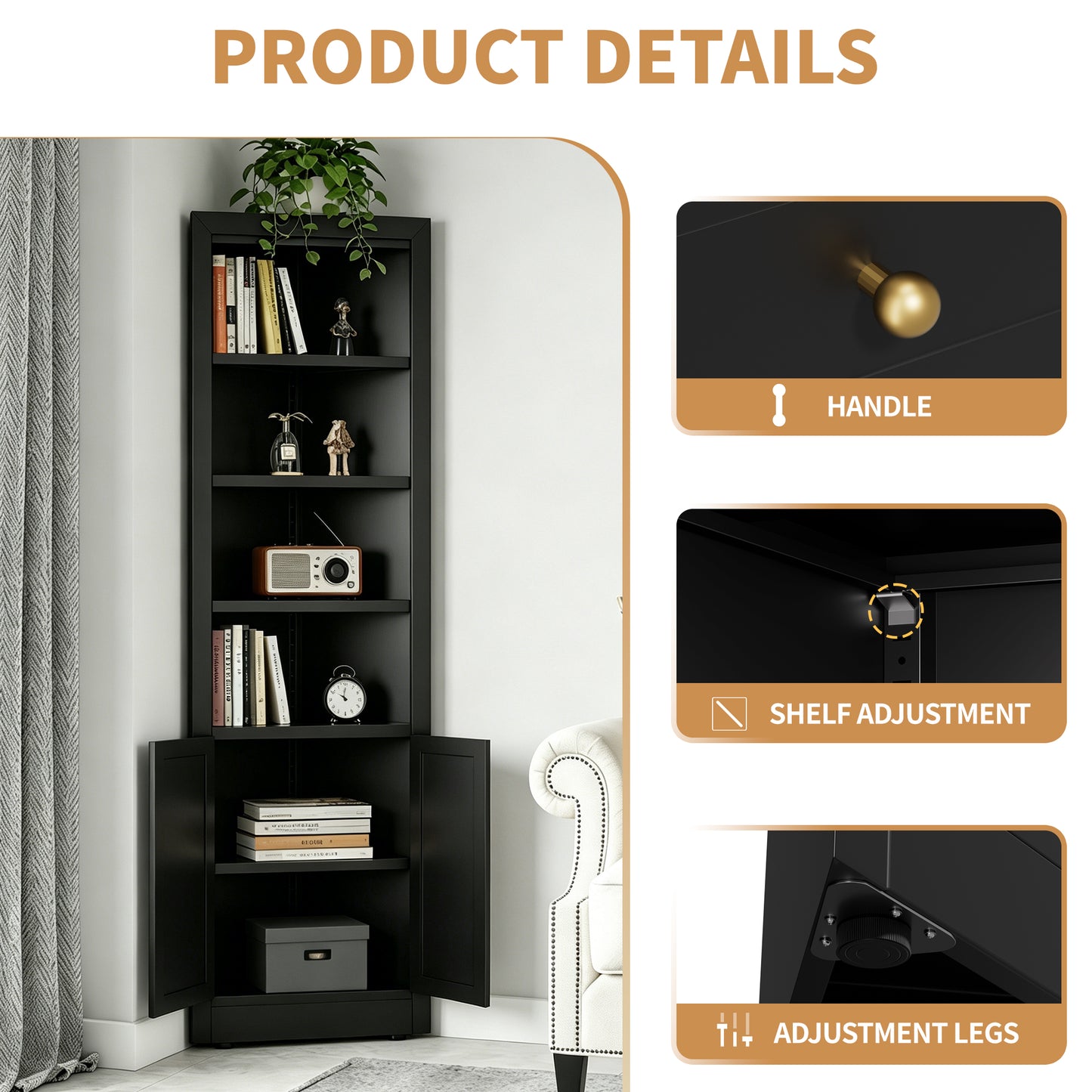 VIYET 71" Tall Black Corner Storage Cabinet, 5-Tier Freestanding Metal Corner Organizer with Adjustable Shelves & Doors