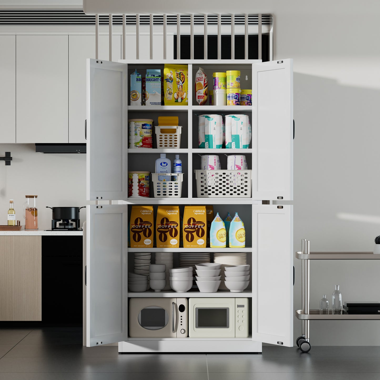 VIYET 64"H Heavy-Duty White Steel Pantry Cabinet,55LBS/Shelf Adjustable Shelves+Magnetic Door,for Kitchen/Bathroom/Living Room