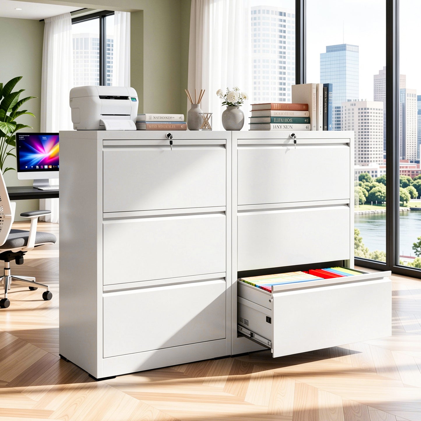 VIYET 3 Drawer Lateral File Cabinet with Lock, White Metal Filing Cabinet for Home Office, Fits Letter, Legal, A4 & F4 Hanging Files
