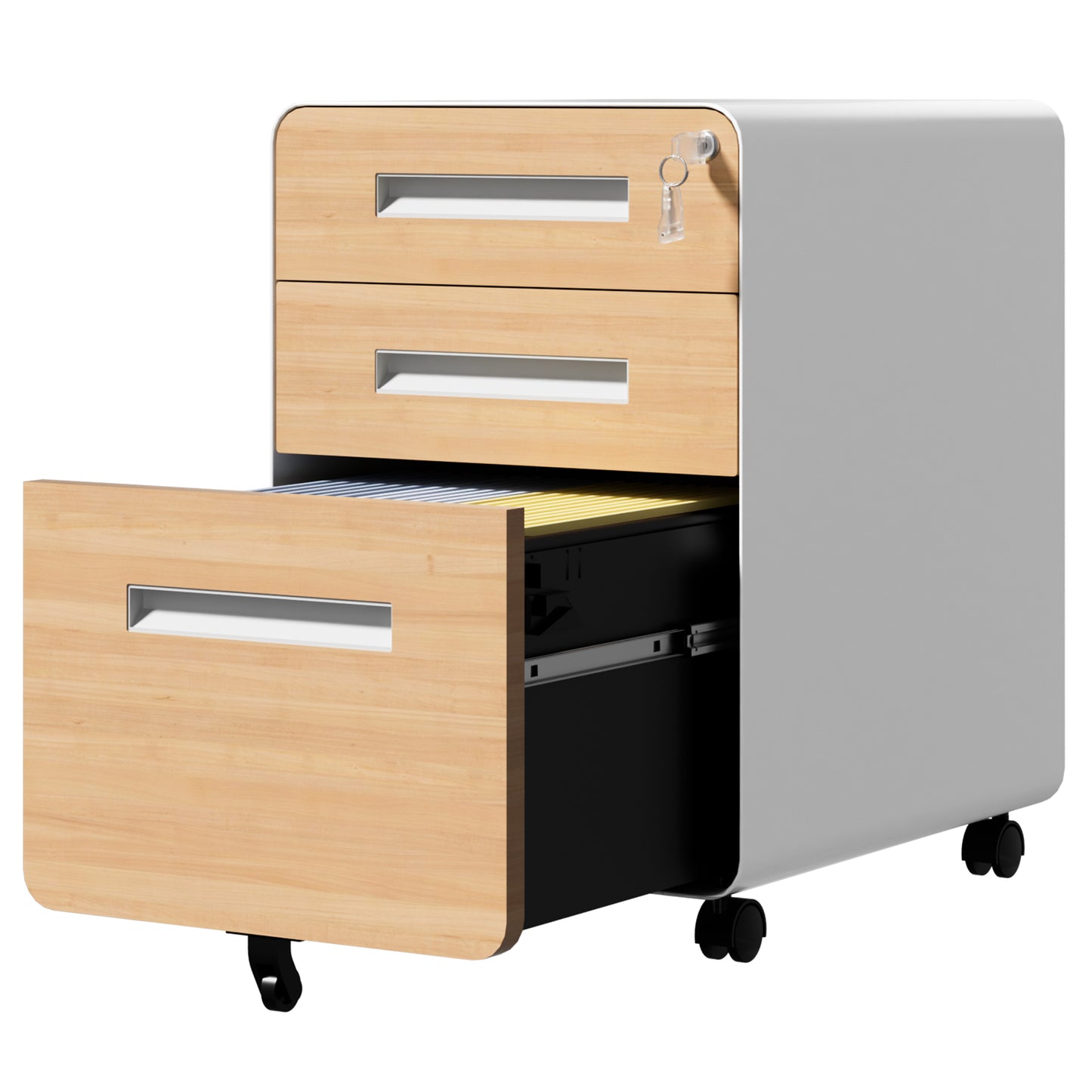 VIYET 3 Drawer Mobile File Cabinet with Lock, Wood Grain Metal Rolling Filing Cabinet on Wheels, Steel Office Storage Cabinet for Letter Legal Files