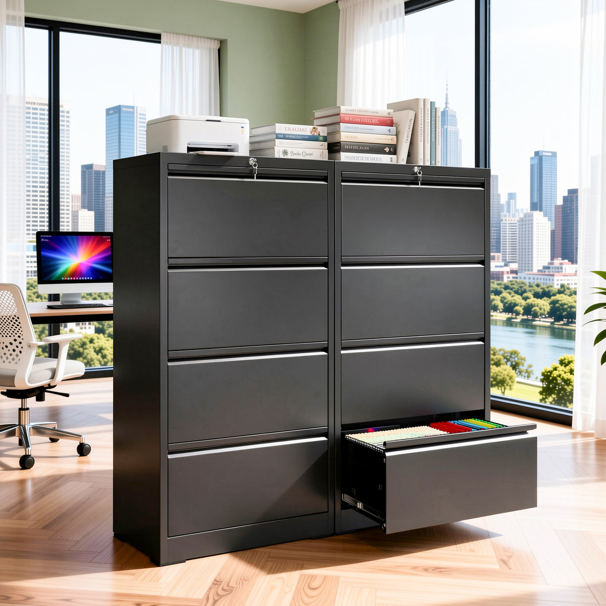VIYET 4 Drawer Lateral File Cabinet with Lock, Metal Filing Cabinet for Home Office, Steel File Cabinet Fits Letter, Legal, A4 & F4 Hanging Files, Black