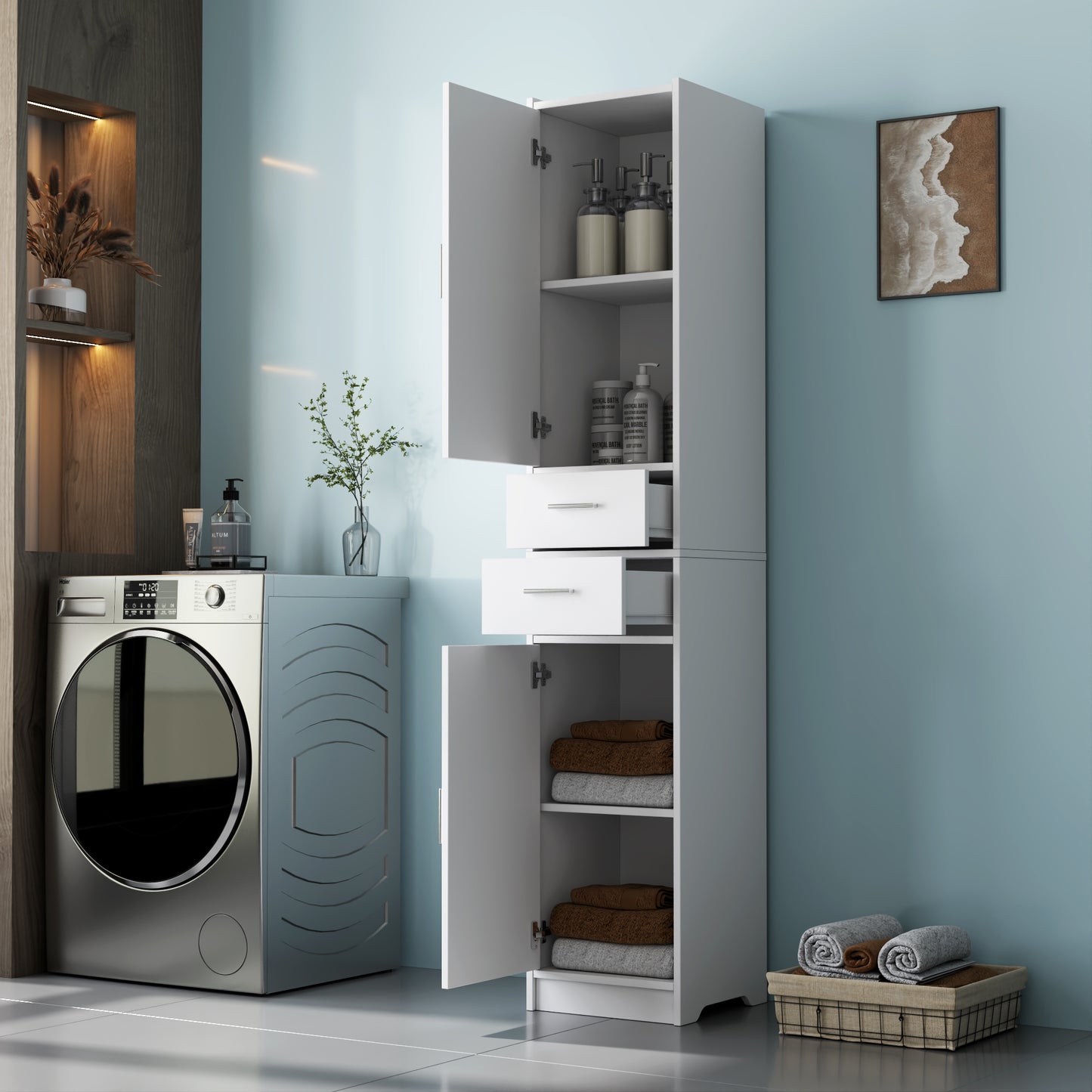 VIYET 71" Tall Narrow Storage Cabinet - White Particle Board+MDF, 2 Doors, 2 Drawers, Adjustable Shelves, Kitchen Use