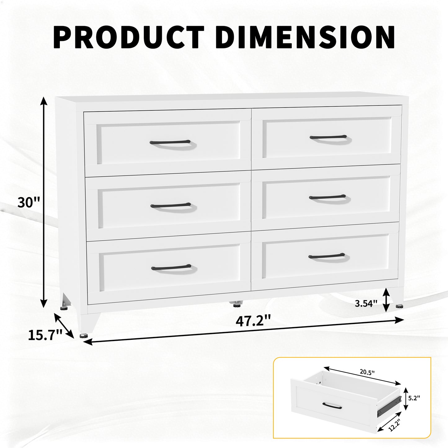 VIYET 6-Drawer White Dresser for Bedroom, Modern Metal Storage Chest with Smooth-Glide Drawers for Closet, Hallway & Entryway