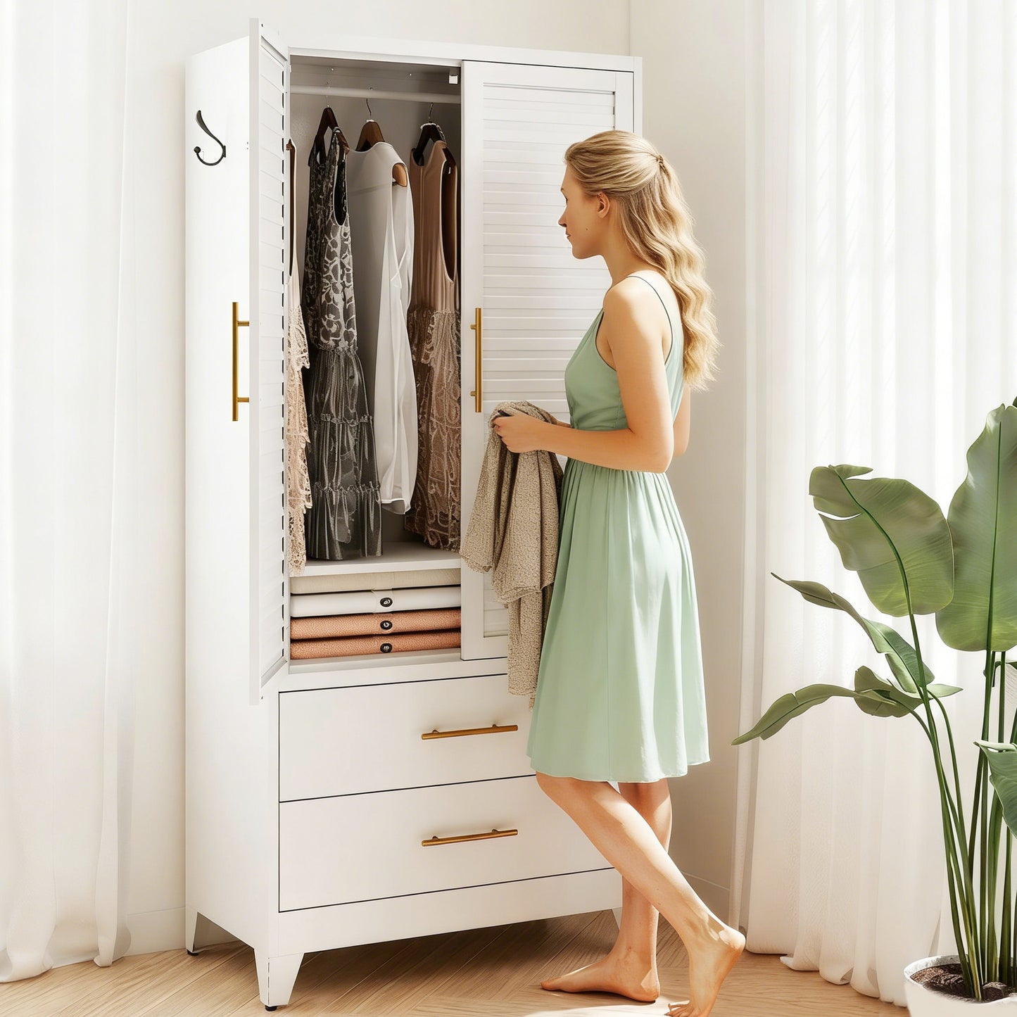 VIYET 71" Metal Wardrobe Closet with 2 Doors & 2 Drawers, Freestanding Steel Storage Cabinet with Hanging Rod & Adjustable Shelf