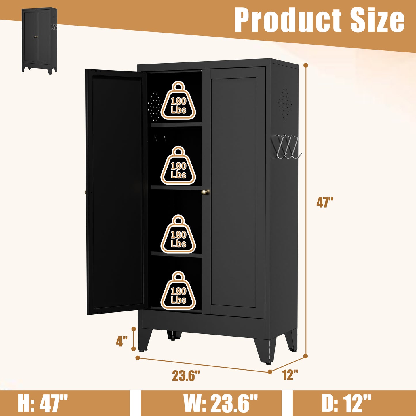 VIYET 47" Black Metal Pantry Cabinet with Adjustable Shelves, Freestanding Kitchen Storage Cabinet with Doors for Pantry, Bathroom & Living Room