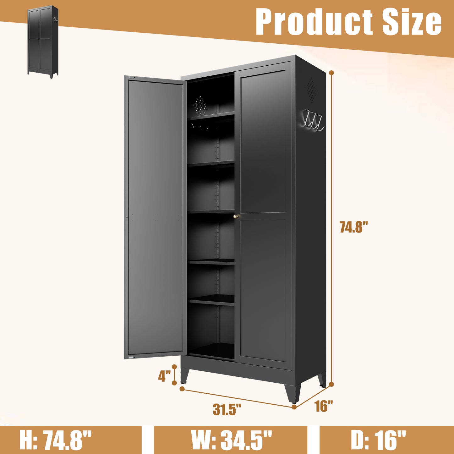VIYET 75" Metal Kitchen Pantry Cabinet, Tall Freestanding Storage Cabinet with 5 Adjustable Shelves, Heavy Duty Steel Organizer for Kitchen, Dining Room, Black