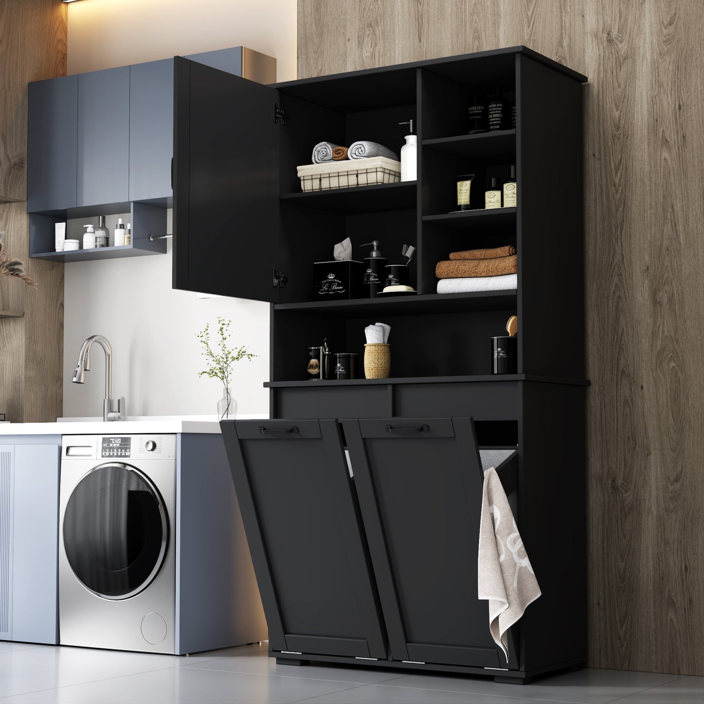 VIYET 63" black Freestanding Laundry Cabinet - Particle Board+MDF, Tilt-Out Hamper, Adjustable Shelves & Multiple Storage