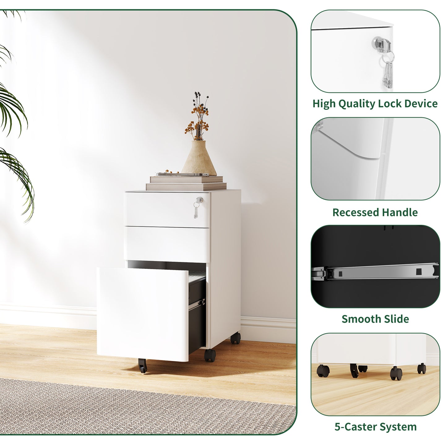 VIYET 3-Drawer Mobile File Cabinet with Lock - All-Steel Anti-Tip Design, Shallow + Deep Drawer, White for Office/Home (Fits A4/Letter)