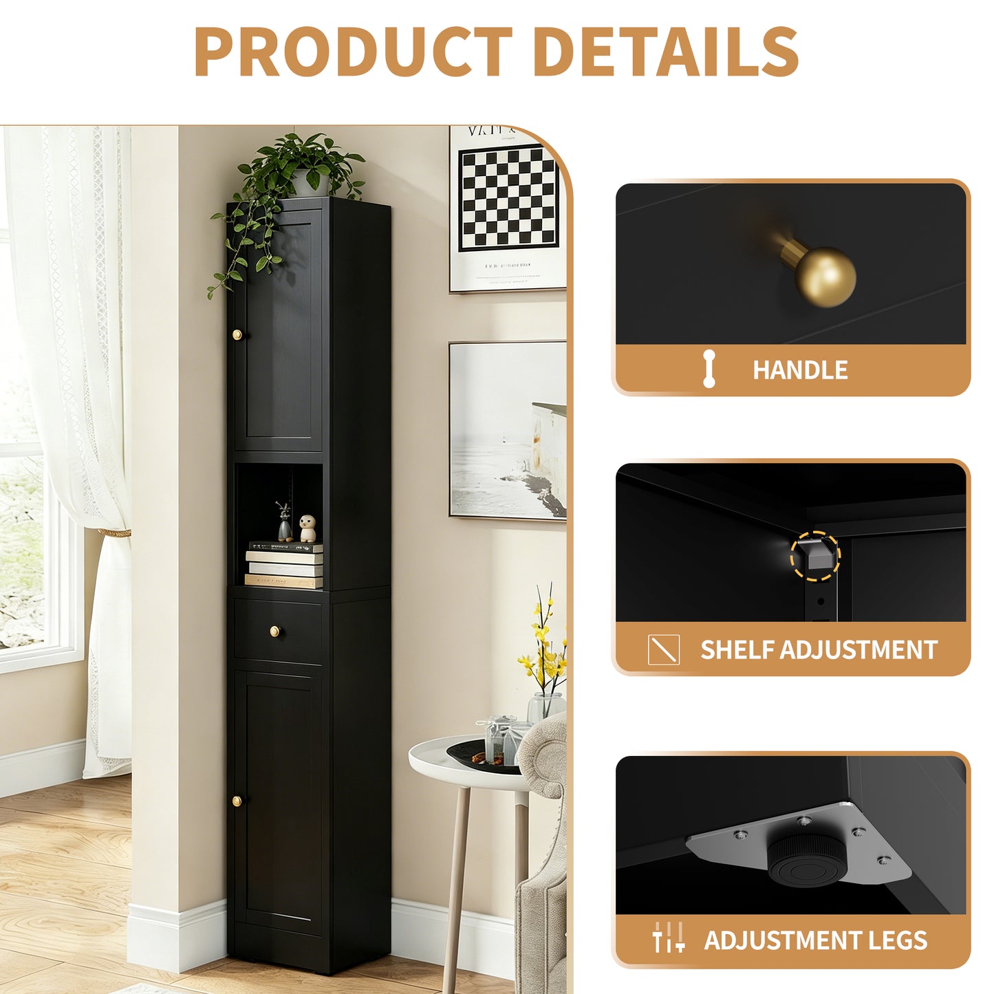 VIYET 71" Tall Black Bathroom Storage Cabinet, Slim Metal Storage Organizer with 2 Doors, Adjustable Shelves, Freestanding Cabinet