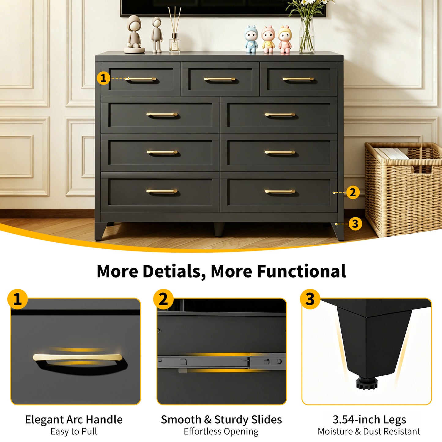VIYET 9-Drawer Black Dresser for Bedroom, Tall Wide Chest of Drawers with Smooth-Glide Storage