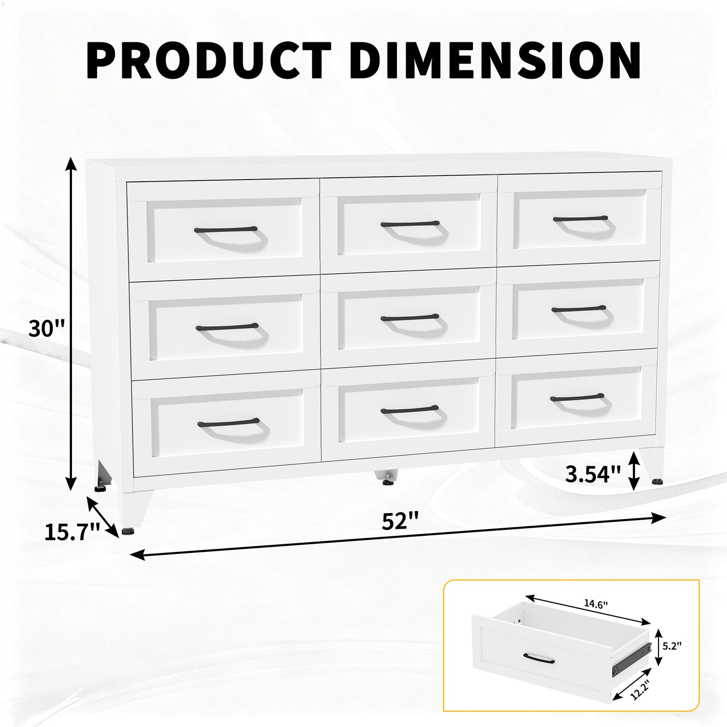 VIYET 9-Drawer Wide Dresser, White Bedroom Storage Chest with Smooth-Glide Drawers for Closet, Hallway & Entryway