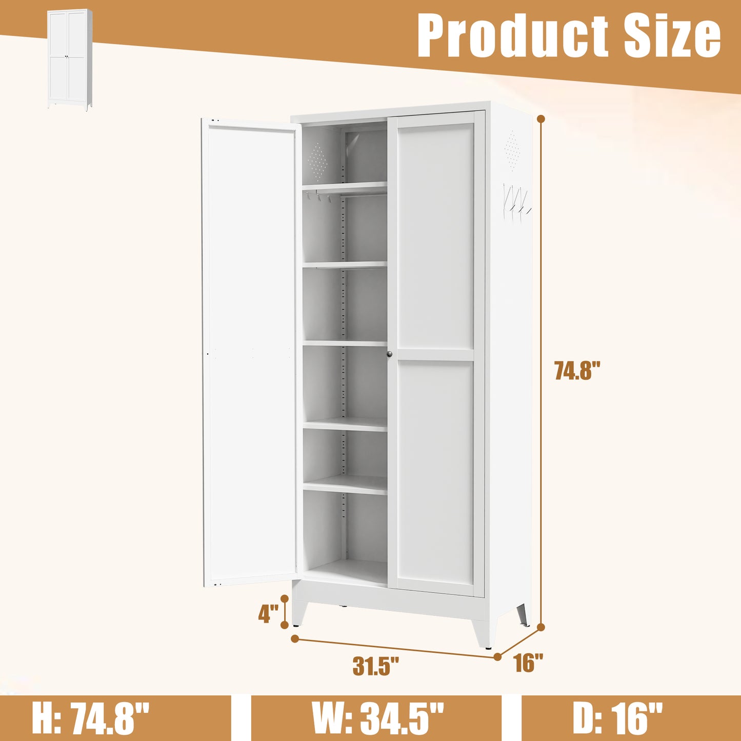 VIYET 75" Metal Kitchen Pantry Cabinet, Tall Freestanding Storage Cabinet with 5 Adjustable Shelves, Steel Organizer for Kitchen, Dining Room, White