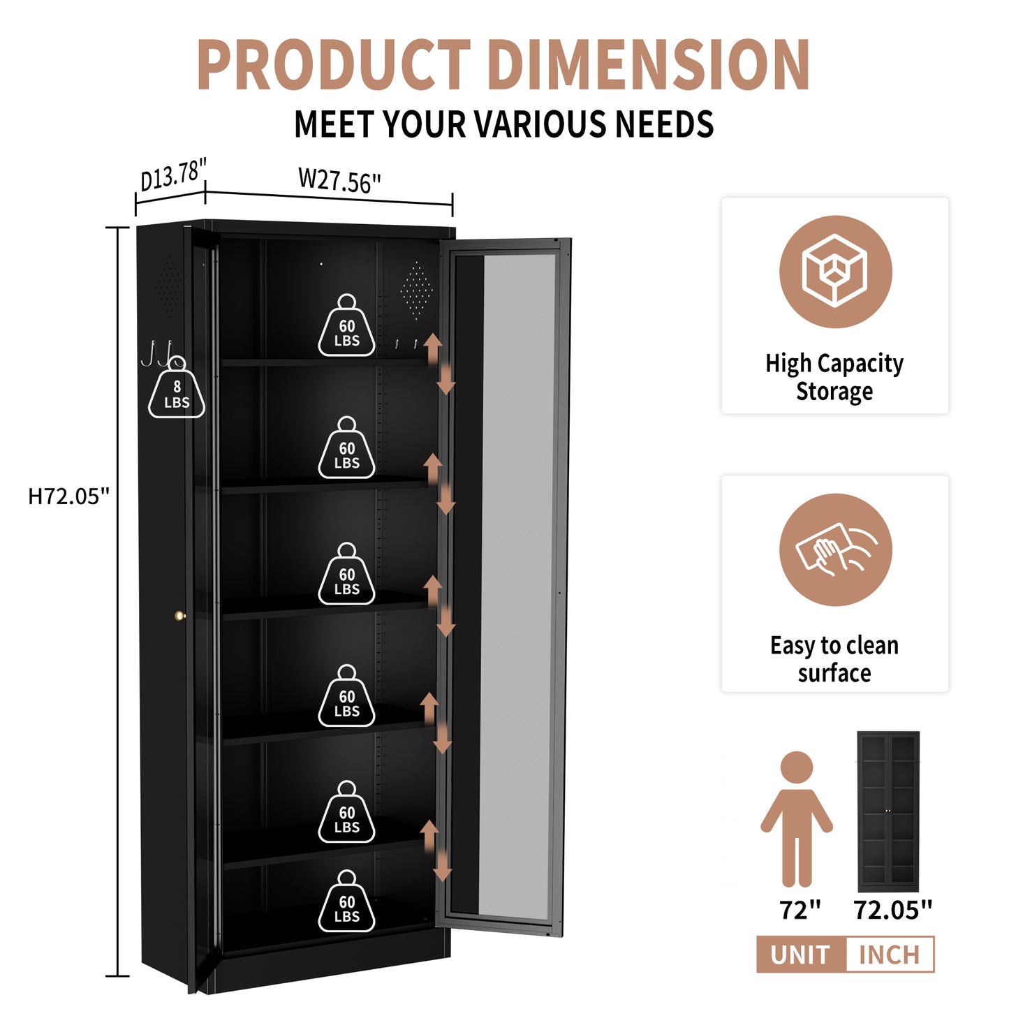 VIYET Metal Pantry Cabinet, 72" Tall Kitchen Storage Cabinet with Glass Doors and 5 Adjustable Shelves, Freestanding Steel Utility Cabinet for Kitchen, Bathroom, Pantry, Black