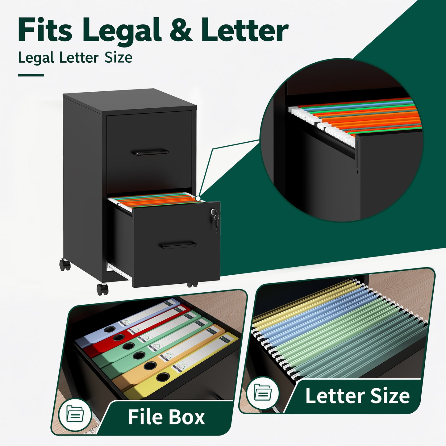 VIYET 2 Drawer Mobile File Cabinet with Lock, Rolling Metal Filing Cabinet for Letter & Legal Files, Under Desk Office Storage with Anti-Tip Kit, Black