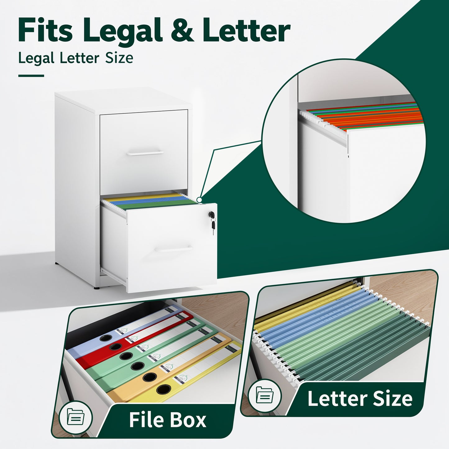 VIYET 2 Drawer File Cabinet with Lock, White Metal Vertical Filing Cabinet for Letter & Legal Files, Under Desk Office Storage with Anti-Tip Kit