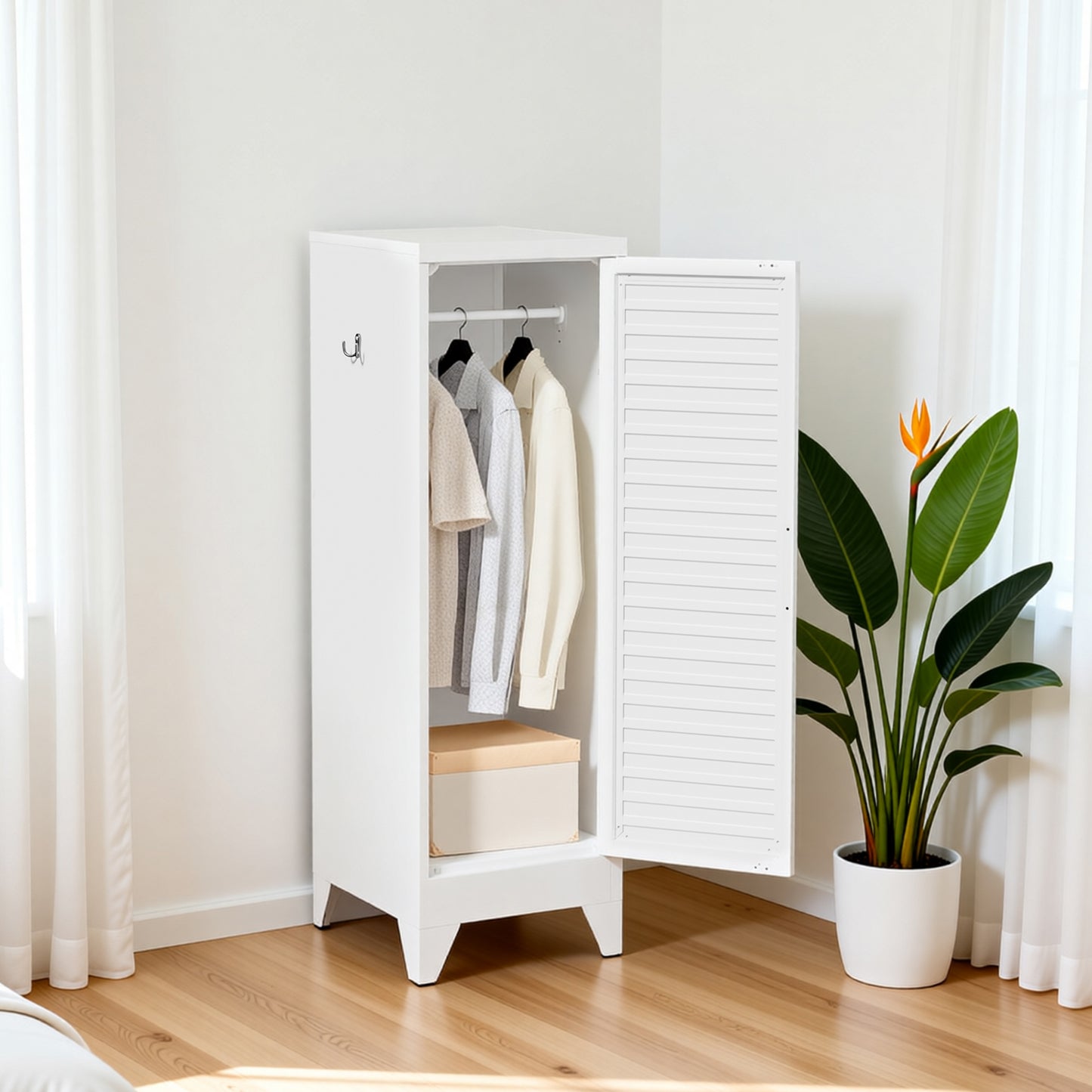 VIYET 47.2" Narrow Metal Wardrobe Closet, Slim Storage Cabinet with Louvered Door and Hanging Rail, Freestanding Clothes Organizer for Bedroom, Apartment, Dorm, White