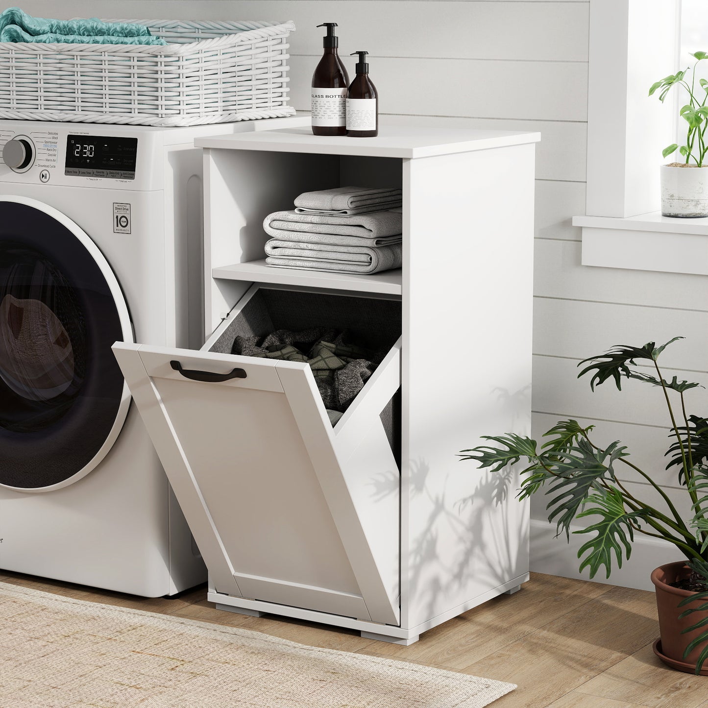 VIYET 29.5" Storage Cabinet, White Particle Board+MDF Storage Cabinet w/ 1 Removable Liner Bag & Open Shelf