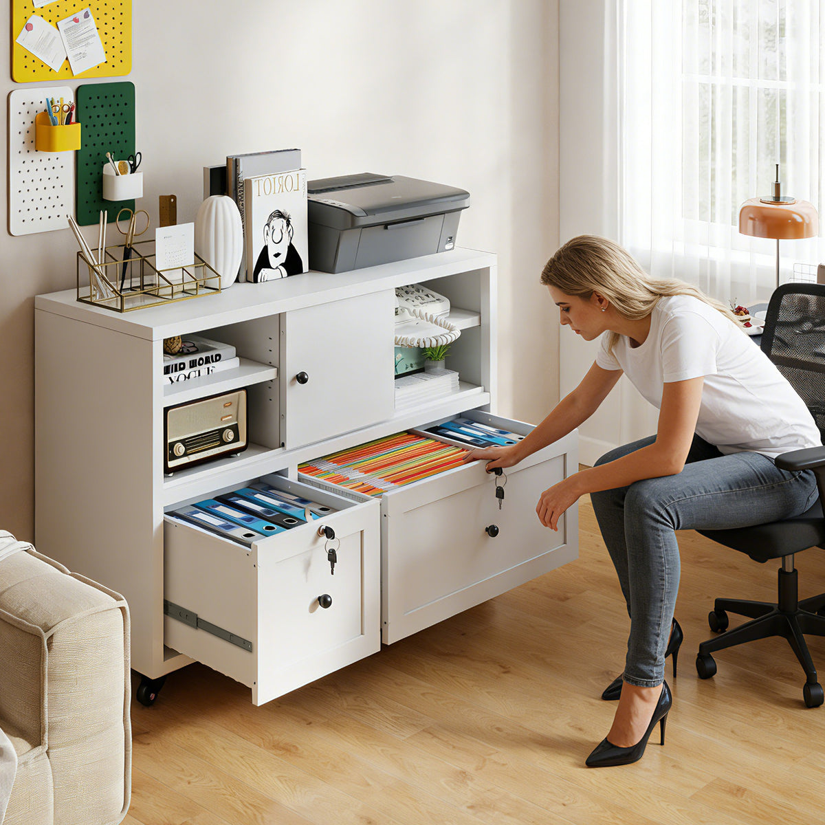 VIYET 28" White Metal 2-Drawer Lateral File Cabinet with Lock and Wheels, Rolling Office Storage for Letter, Legal & A4 Files