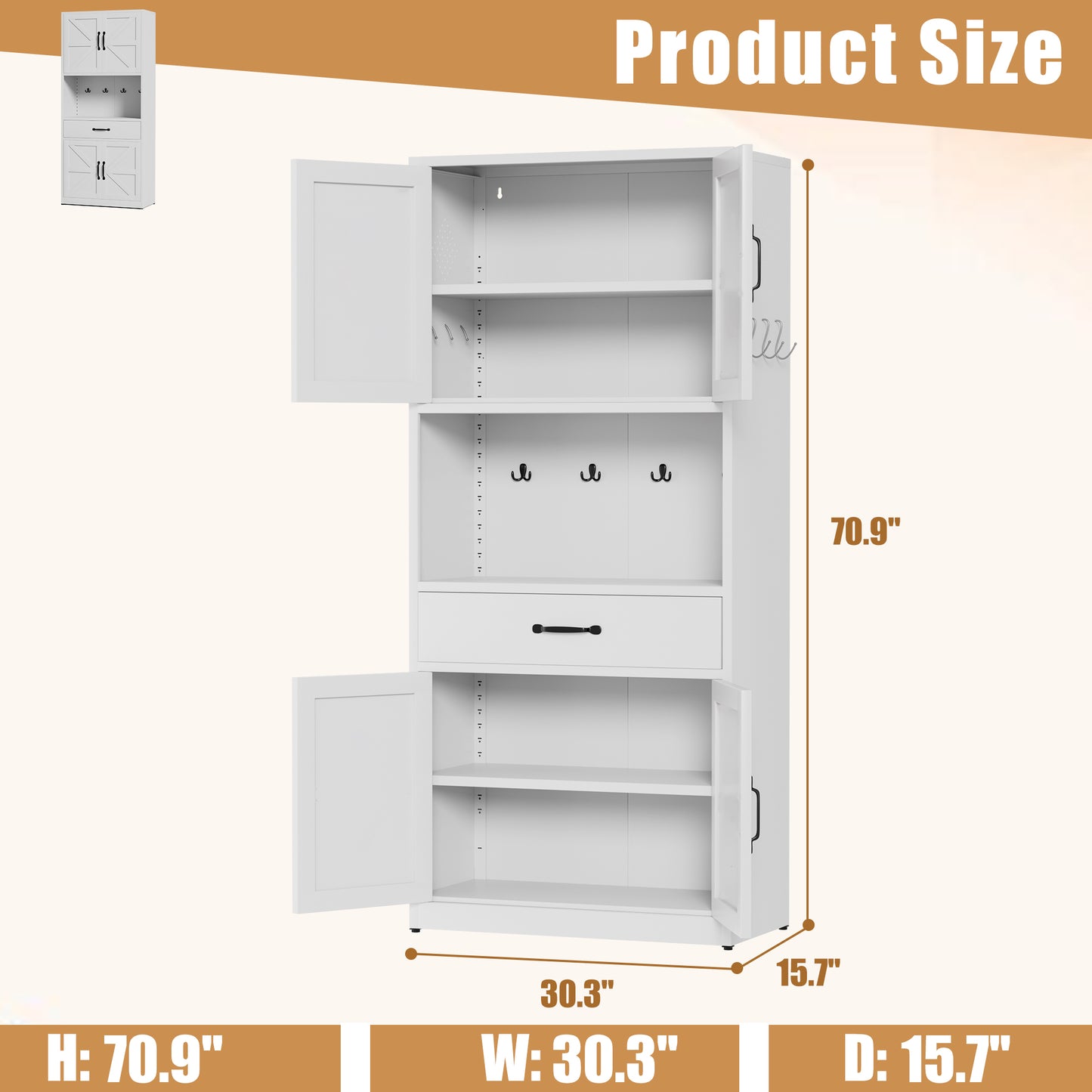 VIYET 71"H Heavy-Duty White Steel Pantry Cabinet,Large Countertop+Adjustable Shelves+Drawers+Hooks,Modern Storage for Kitchen/Bathroom/Living Room