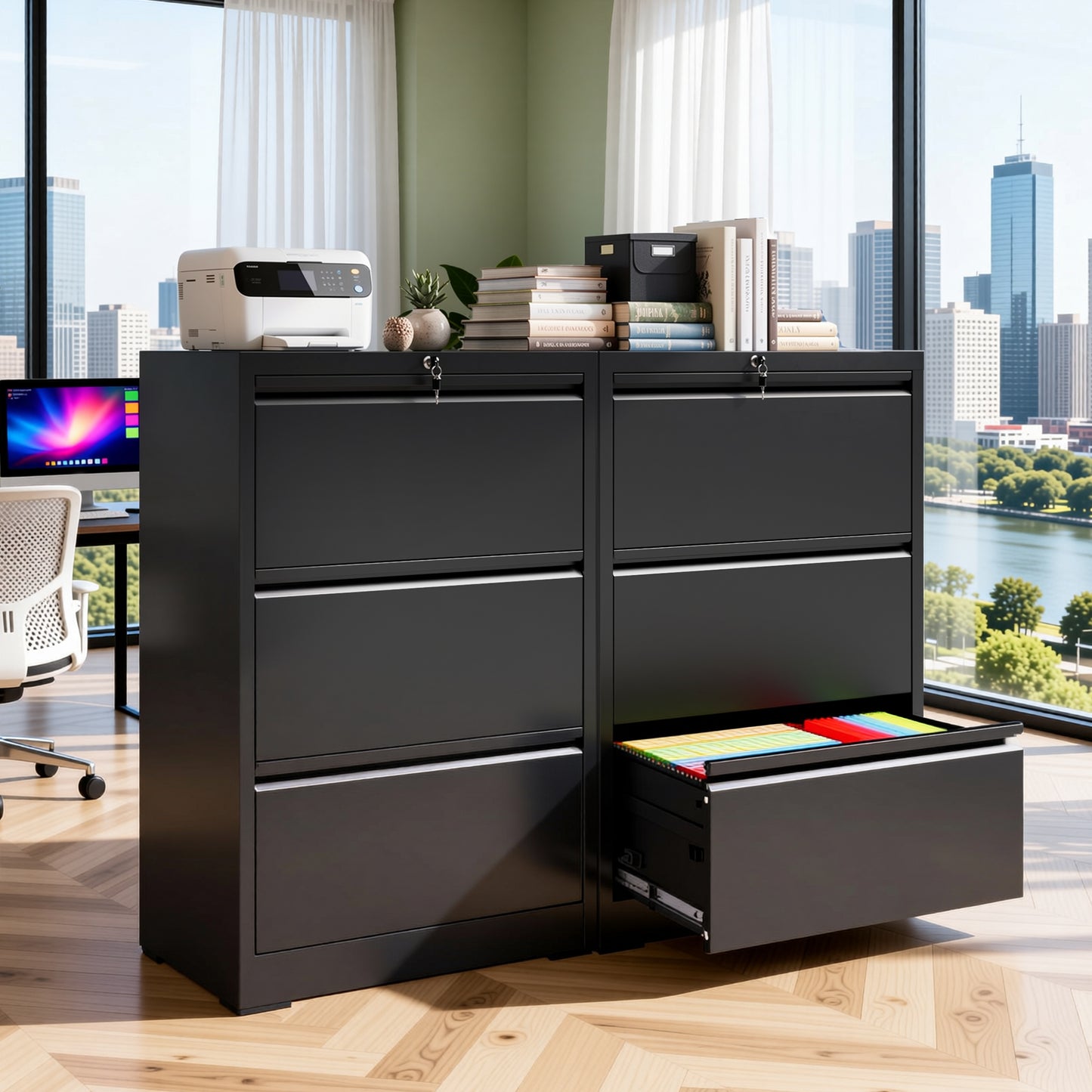 VIYET 3 Drawer Lateral File Cabinet with Lock, Metal Filing Cabinet for Home Office, Steel File Organizer Fits Letter, Legal, A4 & F4 Hanging Files
