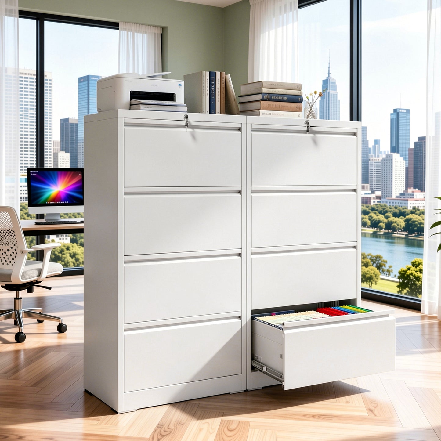 VIYET 4 Drawer Lateral File Cabinet with Lock, White Metal Filing Cabinet for Home Office, Fits Letter, Legal, A4 & F4 Hanging Files