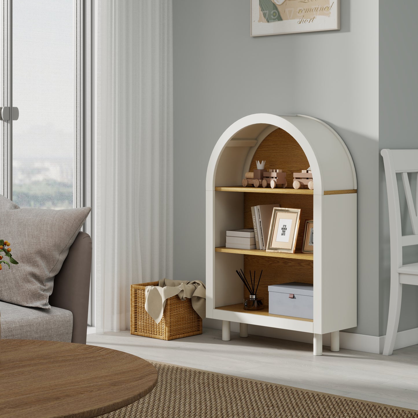 VIYET 3-Tier Arched Top Small Bookcase, White & Oak Woodgrain Modern Storage Cabinet, Engineered Wood Open Shelf for Living Room Bedroom Entryway