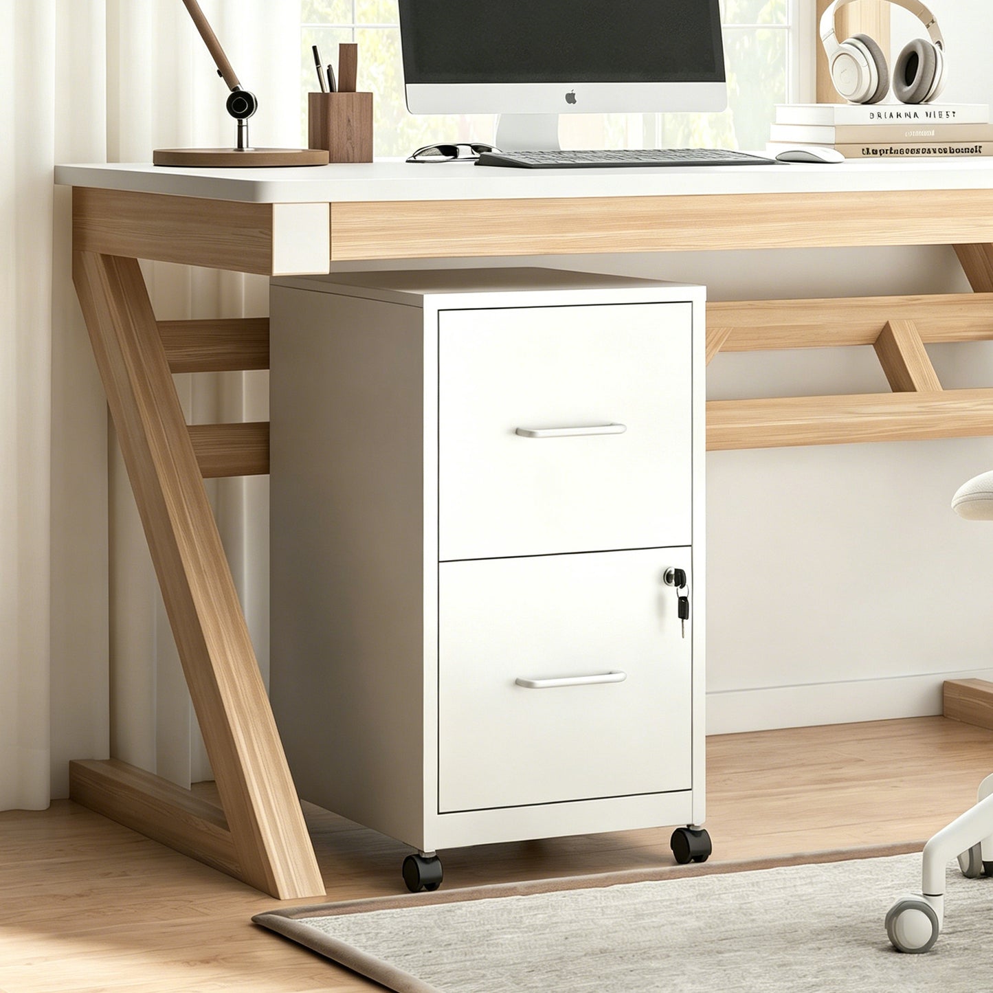 VIYET 25"H 2-Drawer Mobile Lockable File Cabinet with Wheels, Metal Under Desk Rolling Cabinet Fits Letter/Legal/A4