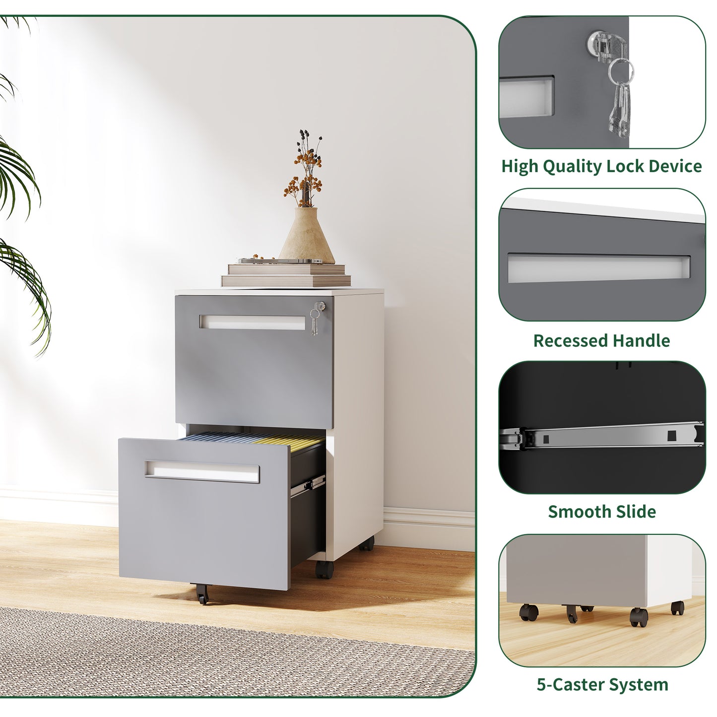 VIYET 18H" 2-Drawer Mobile File Cabinet,All-Steel Lockable Storage on 360°Wheels,Fully Assembled for Home/Commercial Office (Holds A4/Letter/Legal,White)