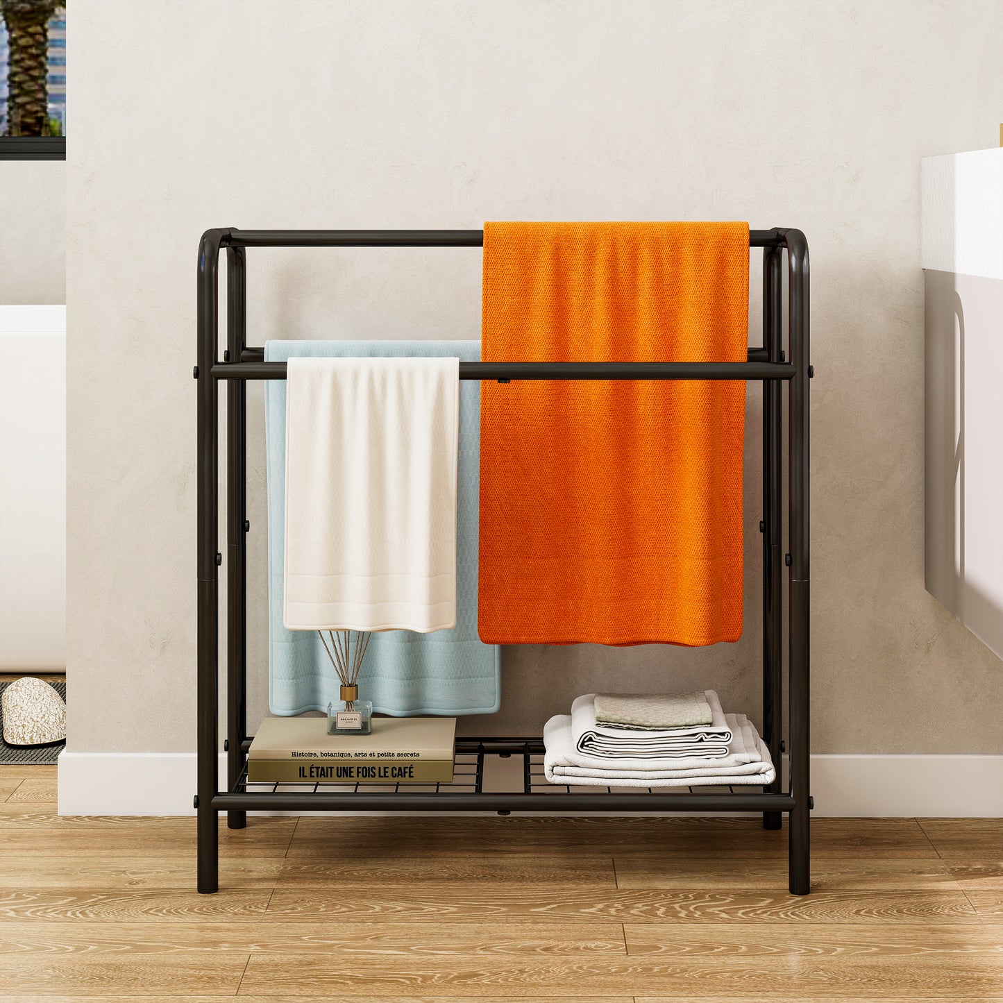 VIYET 30" 3-Tier Metal Towel Rack, Freestanding Black Storage Holder (Bathroom/Bedroom/Pool Display Organizer)
